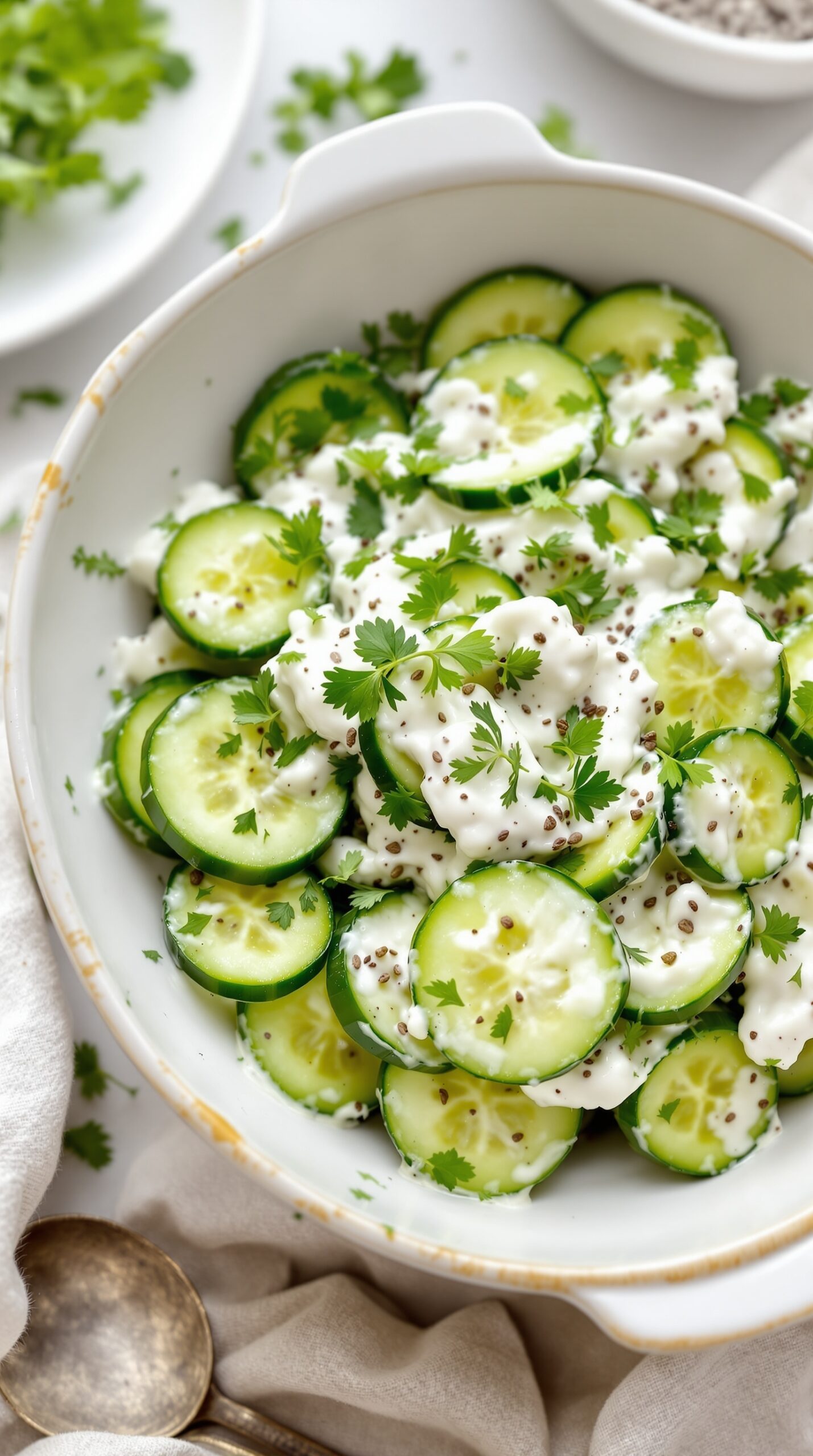 A bowl of herbed yogurt cucumber salad with sliced cucumbers, yogurt, and fresh herbs.