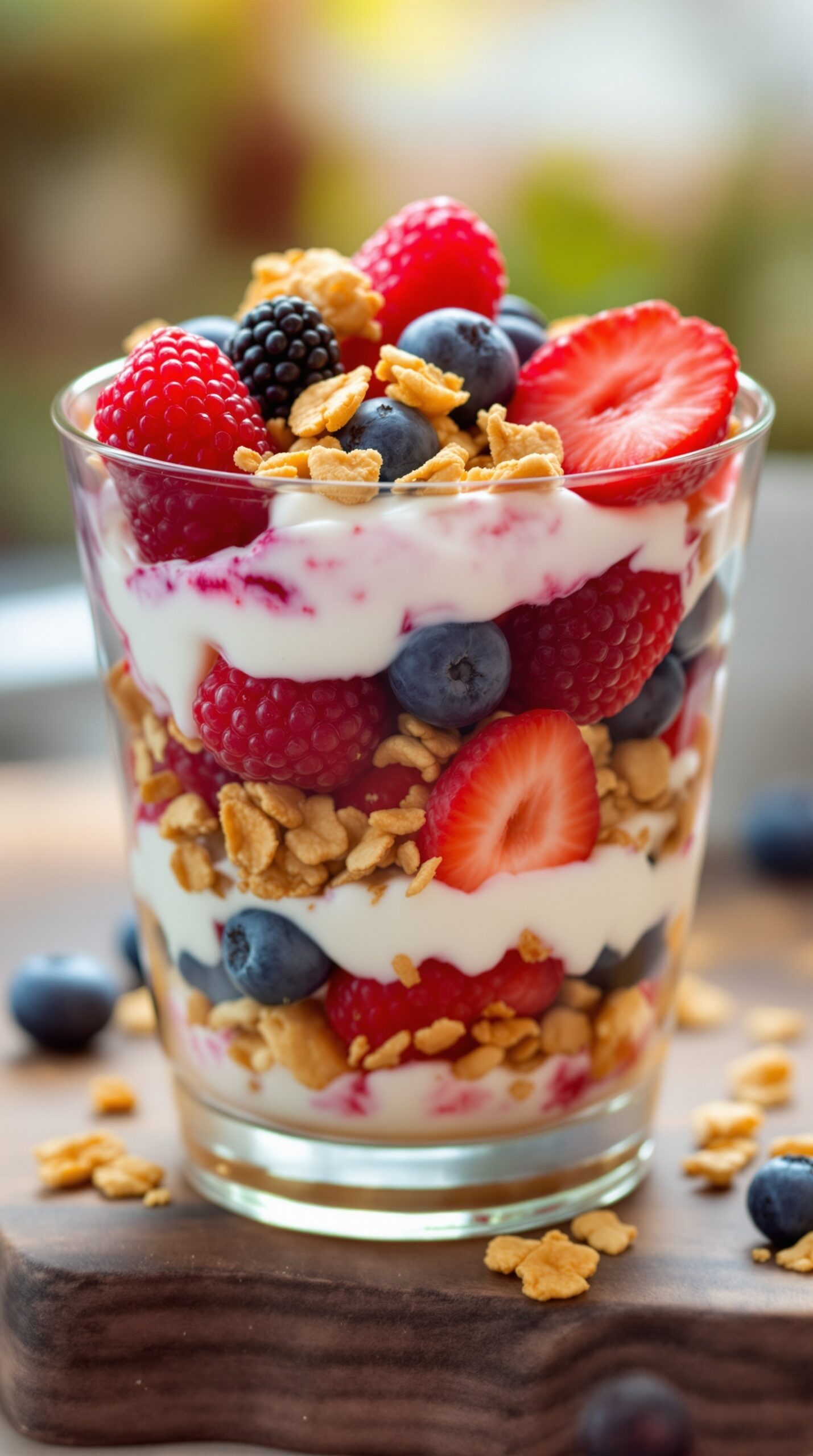 A colorful fruit and yogurt parfait with layers of yogurt, mixed berries, and granola.