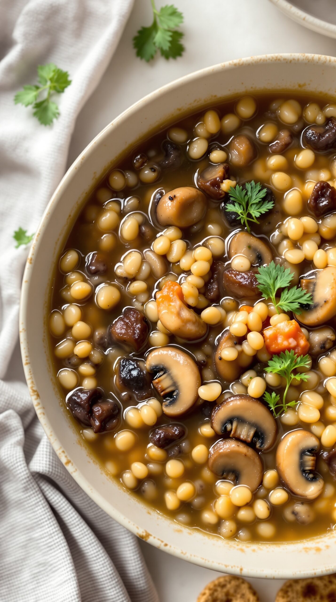 A bowl of mushroom and barley soup with fresh herbs on top.