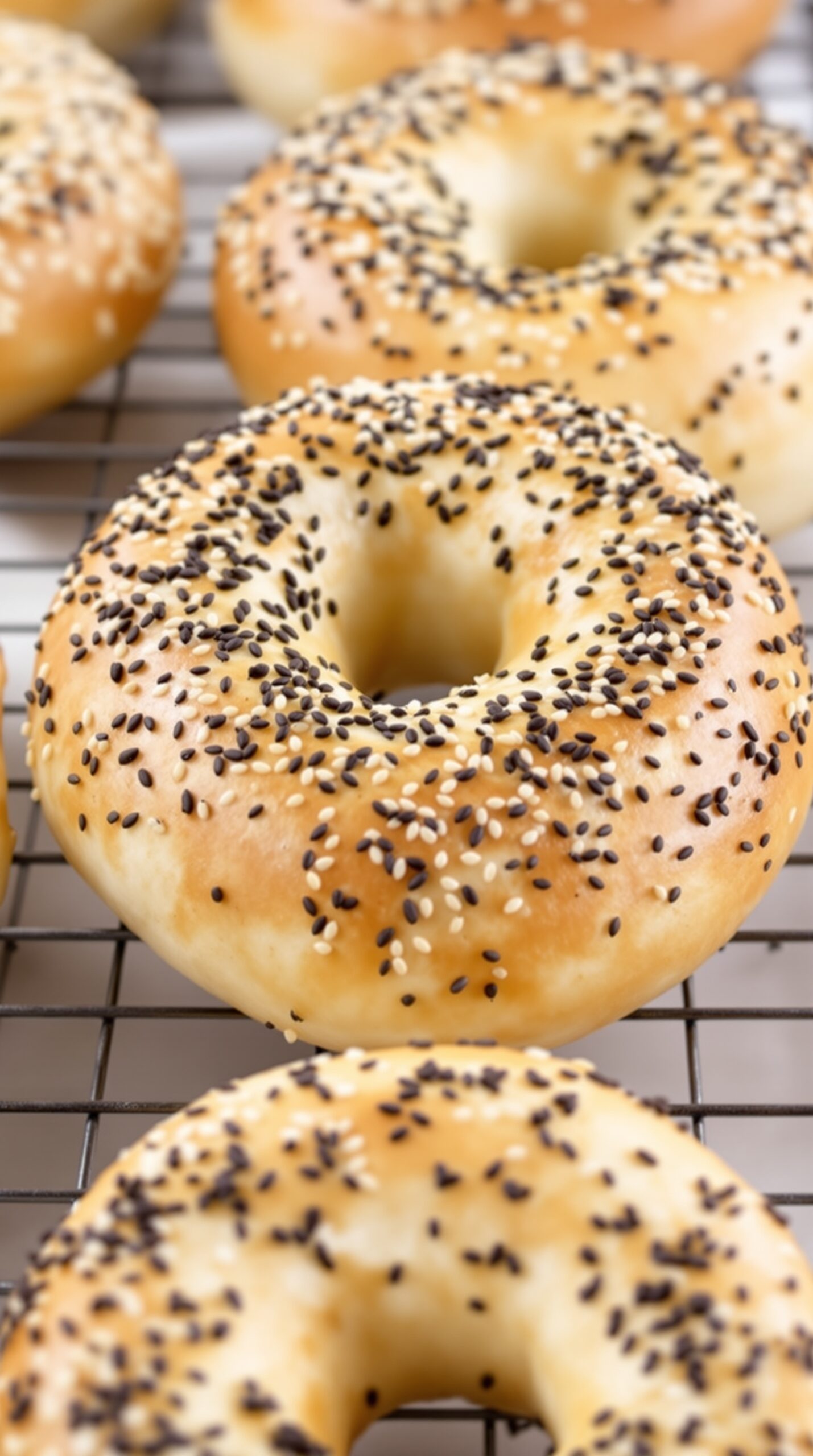 Freshly baked sourdough bagels topped with sesame and poppy seeds on a cooling rack.