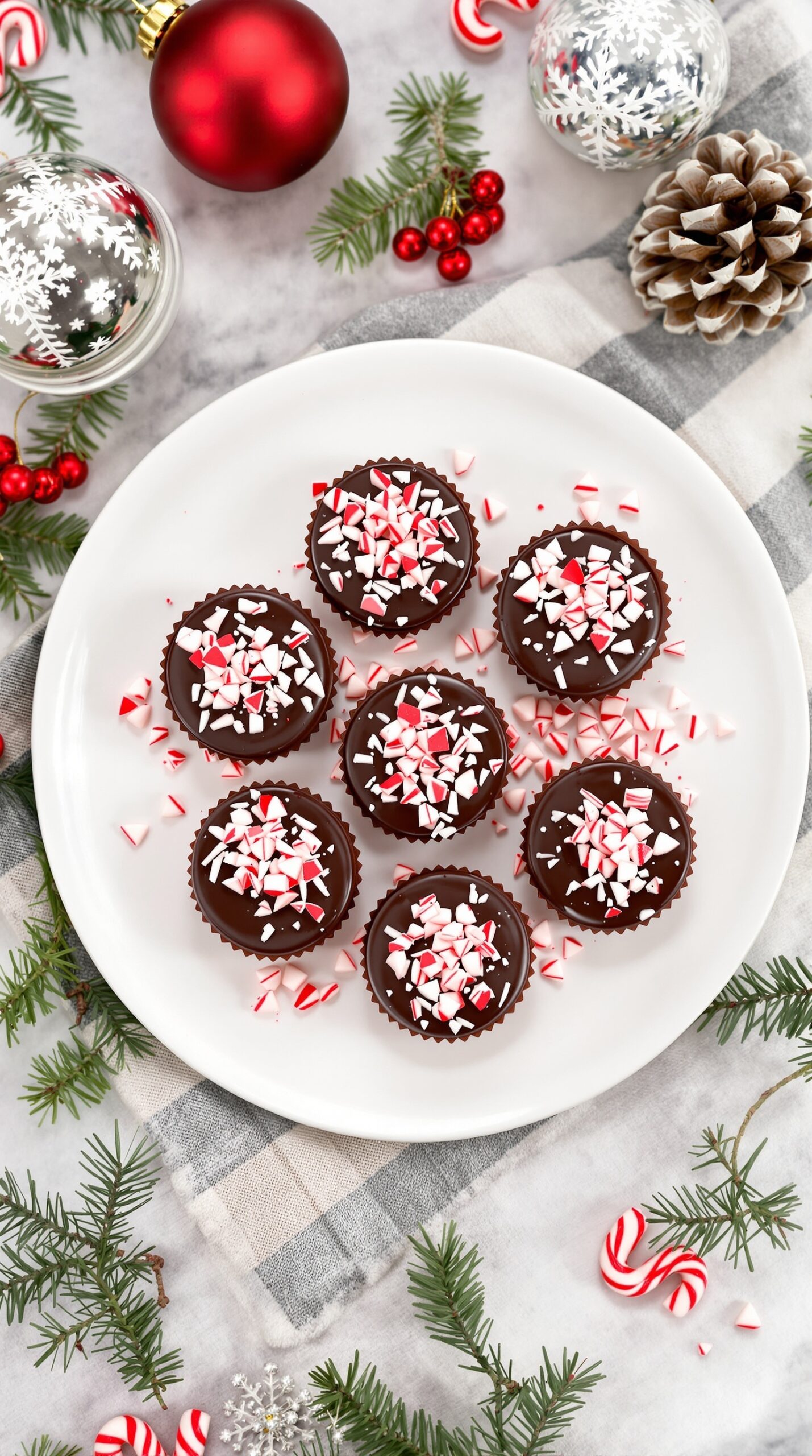 A plate of chocolate peppermint cheesecake bites decorated with crushed peppermint candies, surrounded by festive holiday decorations.