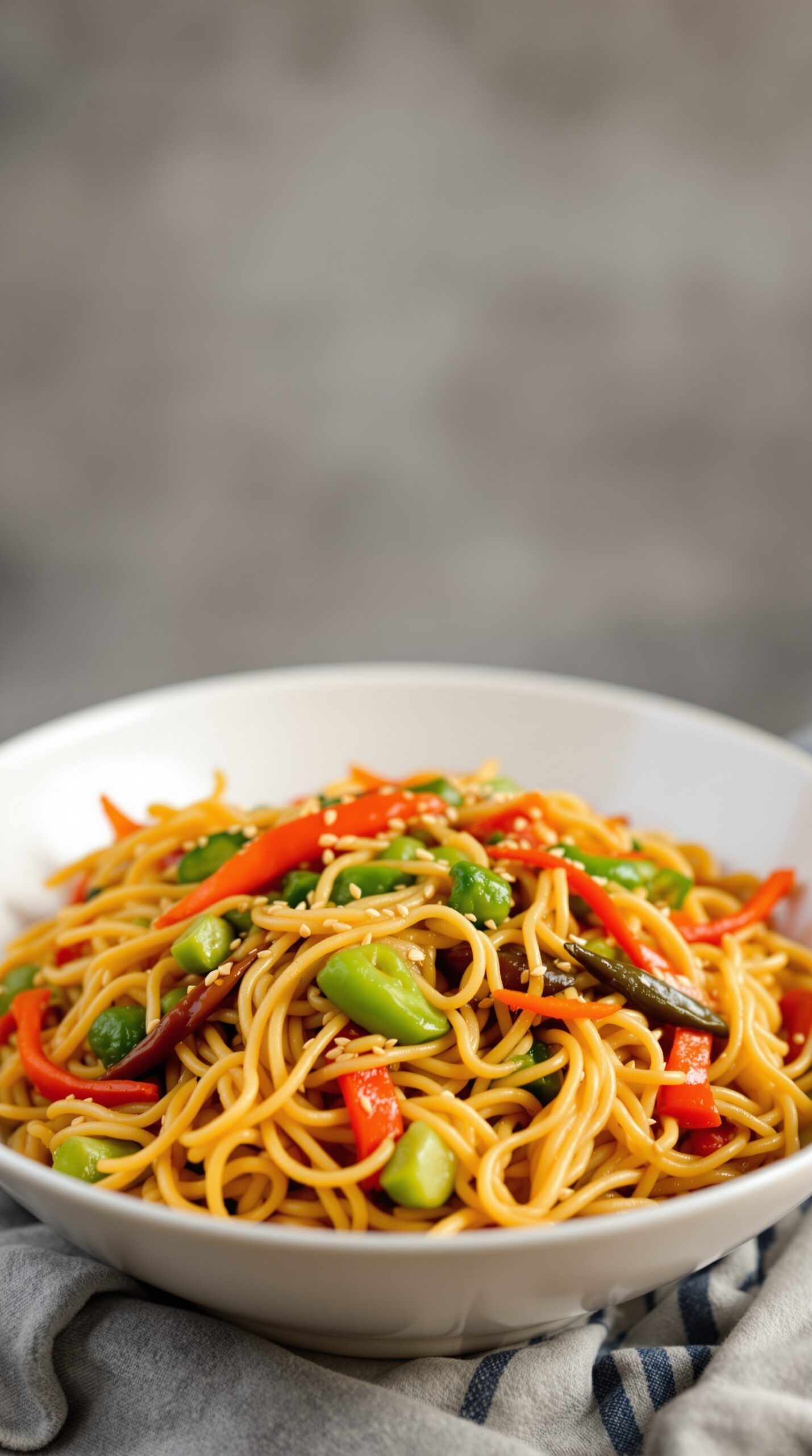 A bowl of Vegetable Lo Mein with colorful vegetables, featuring red bell peppers, green vegetables, and sesame seeds on top.