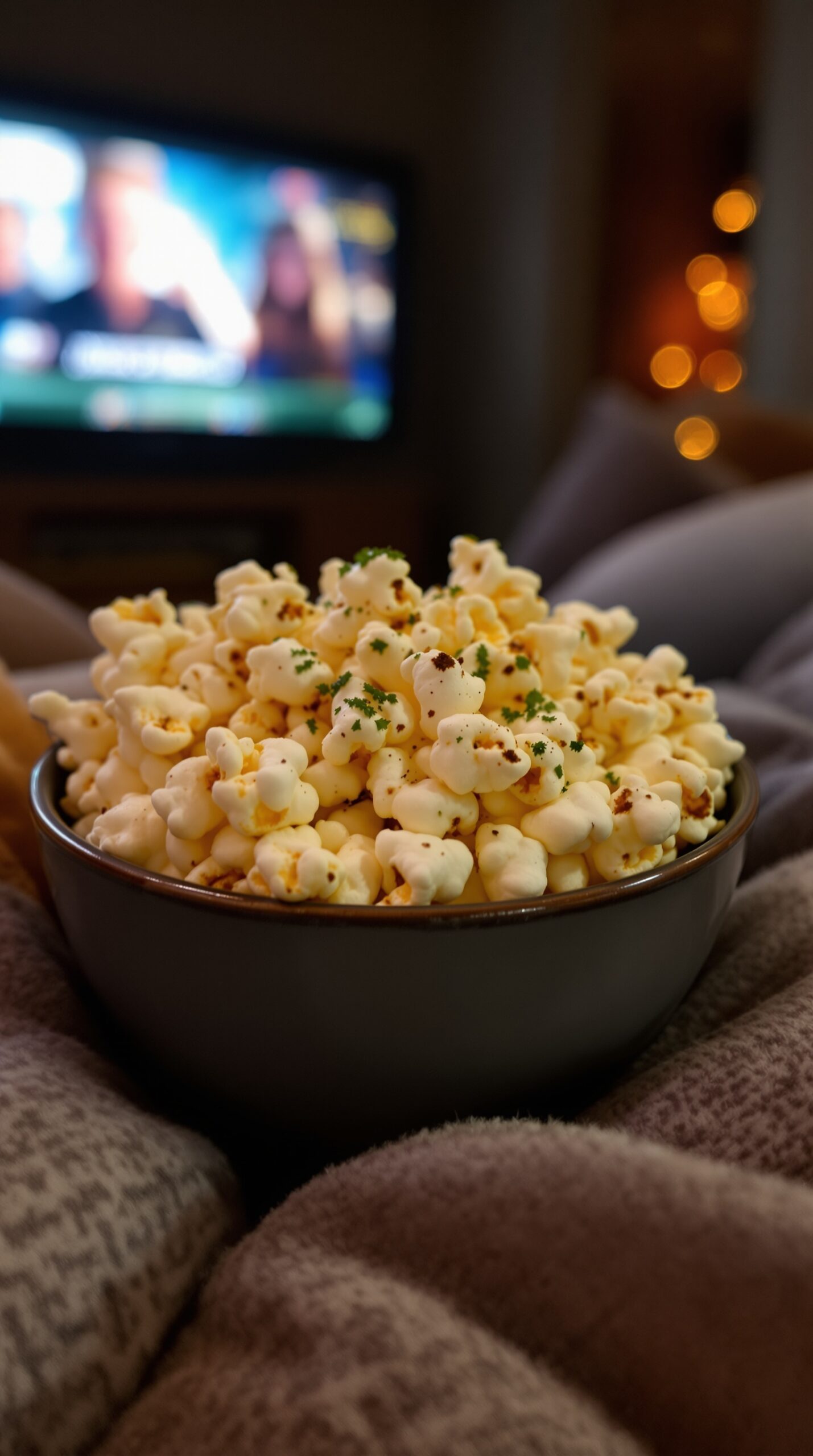 A cozy bowl of herb-seasoned popcorn, perfect for movie nights.