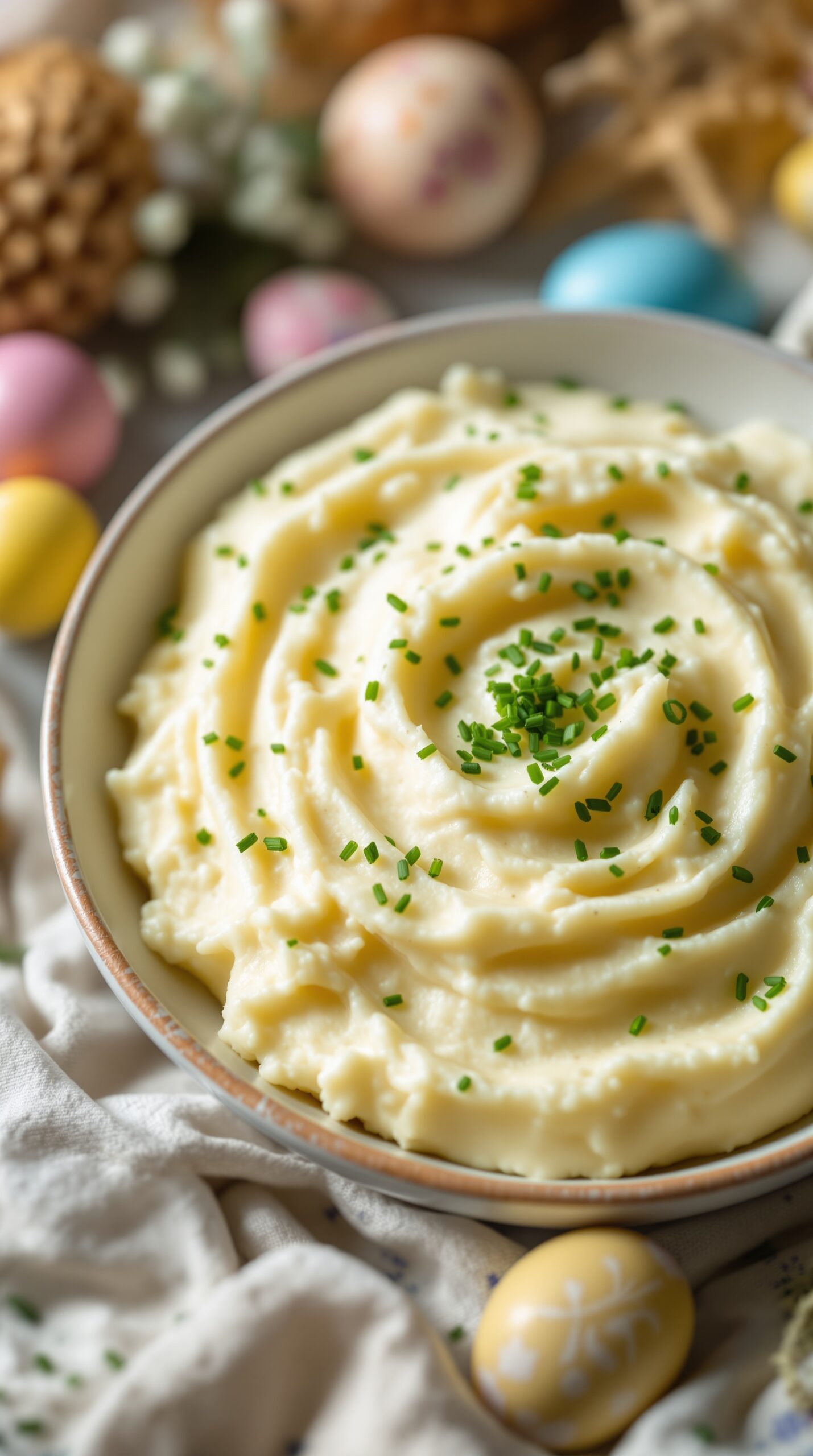 A bowl of creamy garlic mashed potatoes topped with chives, surrounded by colorful Easter eggs.