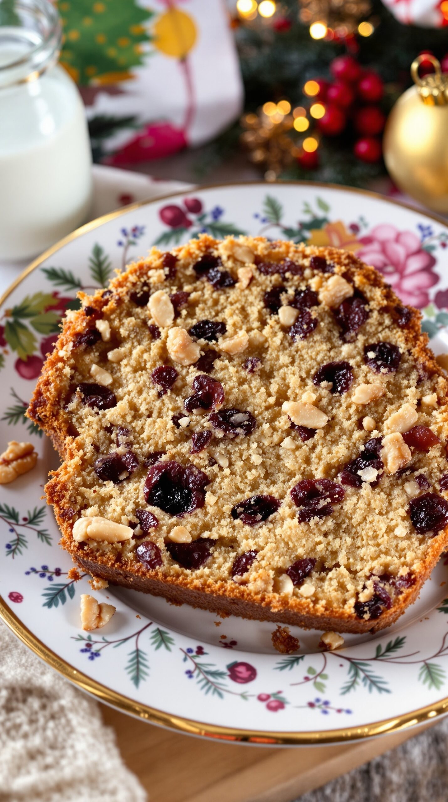 A slice of fruitcake with nuts and dried fruits on a decorative plate, surrounded by festive decorations.