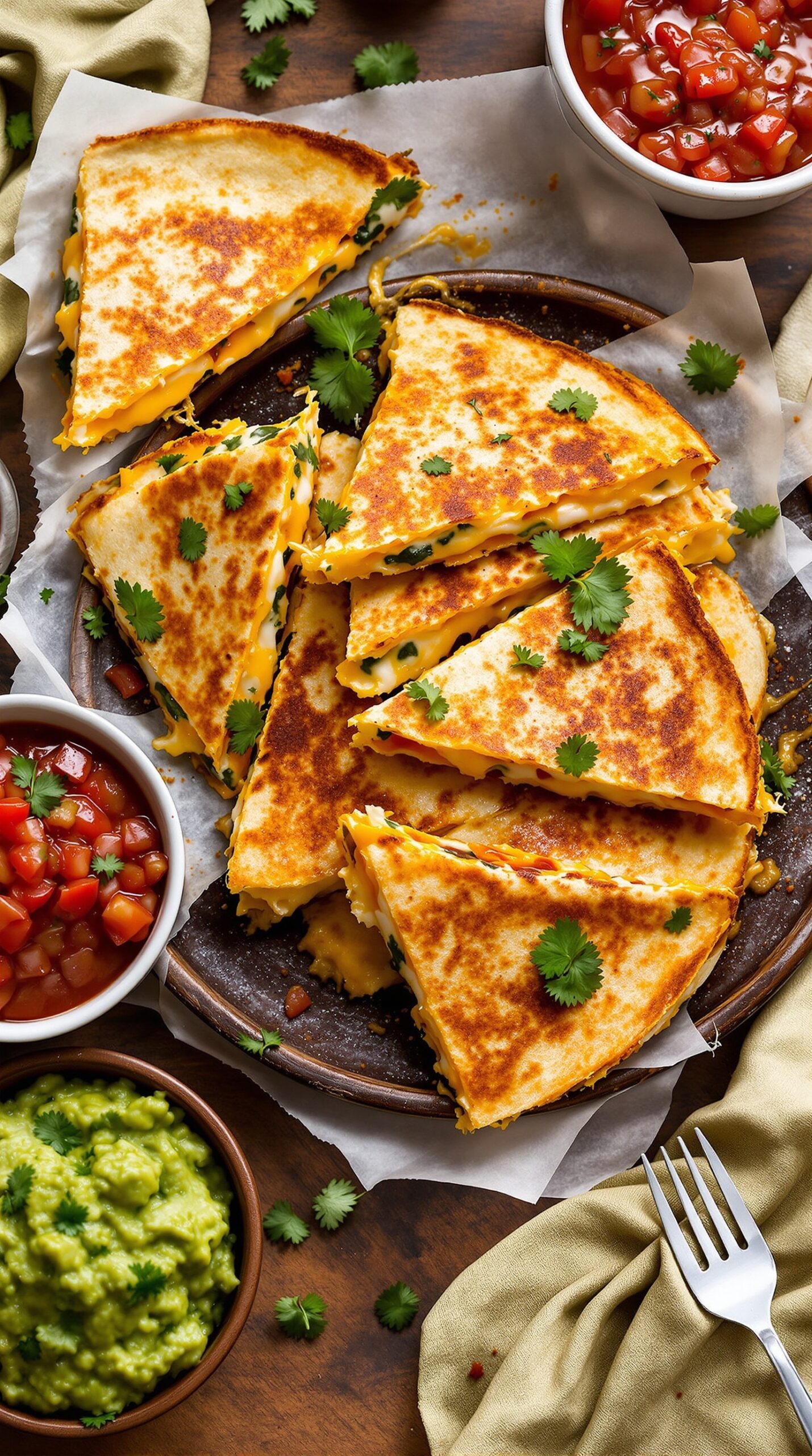 Delicious cheesy quesadilla slices arranged on a plate with guacamole and salsa on the side.