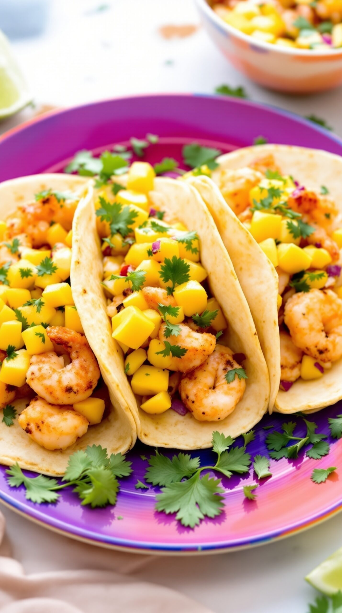 A plate of spicy shrimp tacos topped with mango salsa, garnished with cilantro.