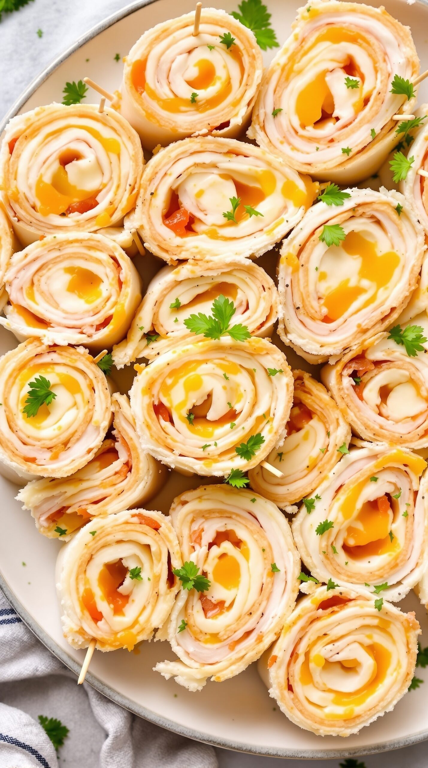 Plate of turkey and cheese roll-ups, colorful and inviting with fresh herbs