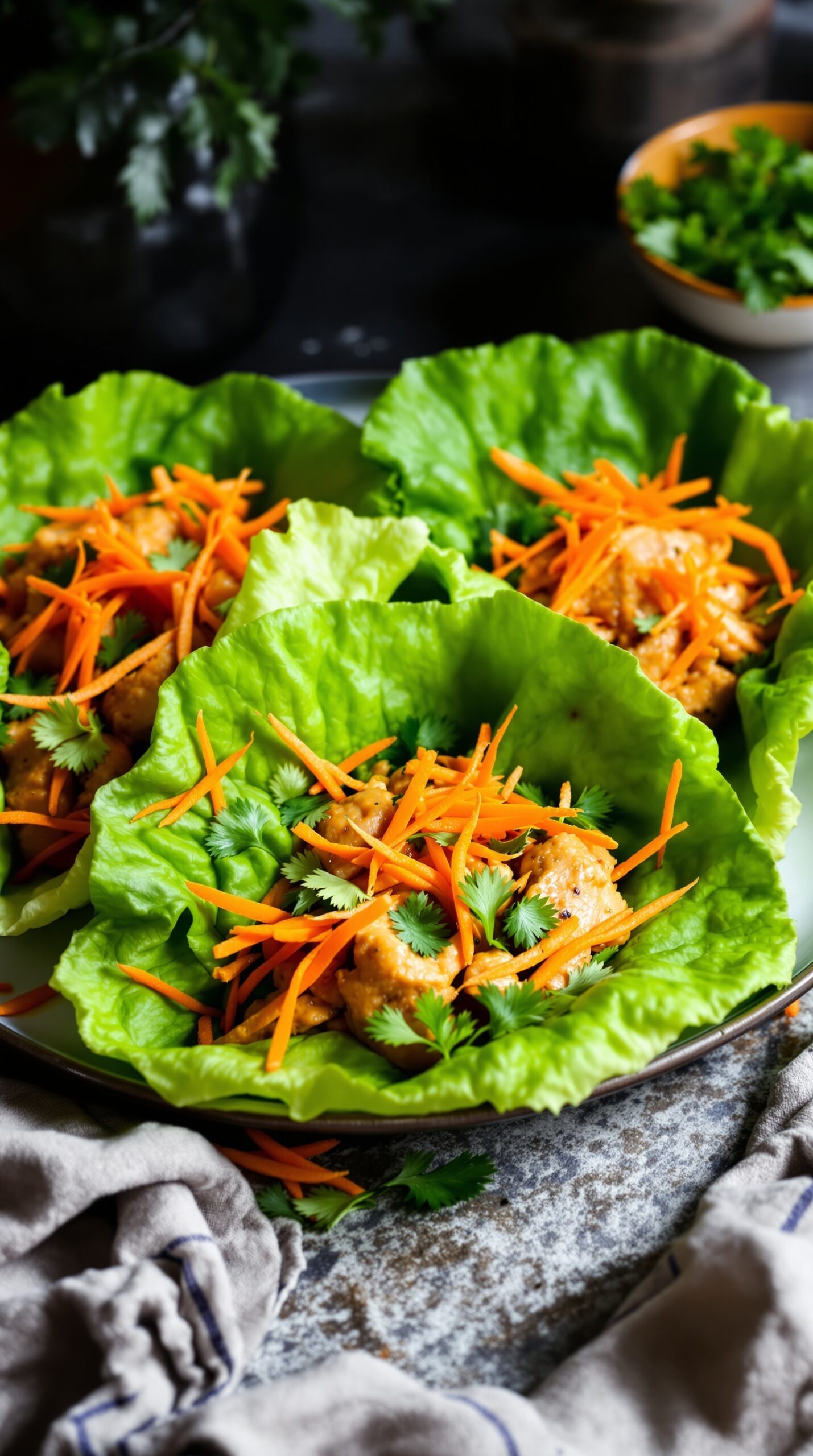 Delicious Thai Peanut Chicken Lettuce Wraps with shredded carrots and cilantro