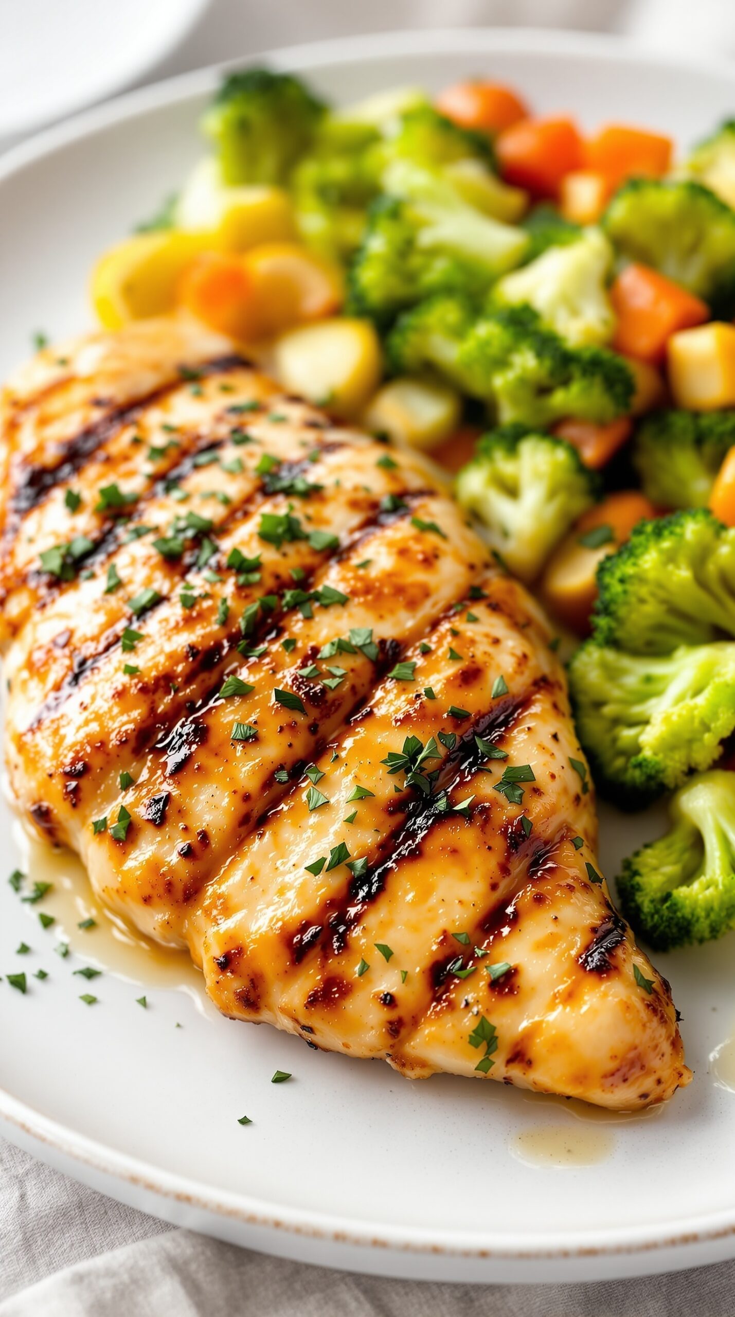 Grilled chicken breast garnished with herbs alongside steamed vegetables.