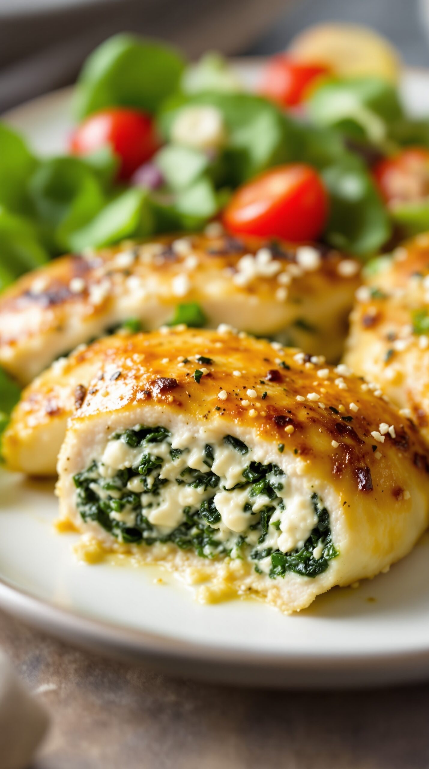 A plate of Spinach and Feta Stuffed Chicken with a side salad