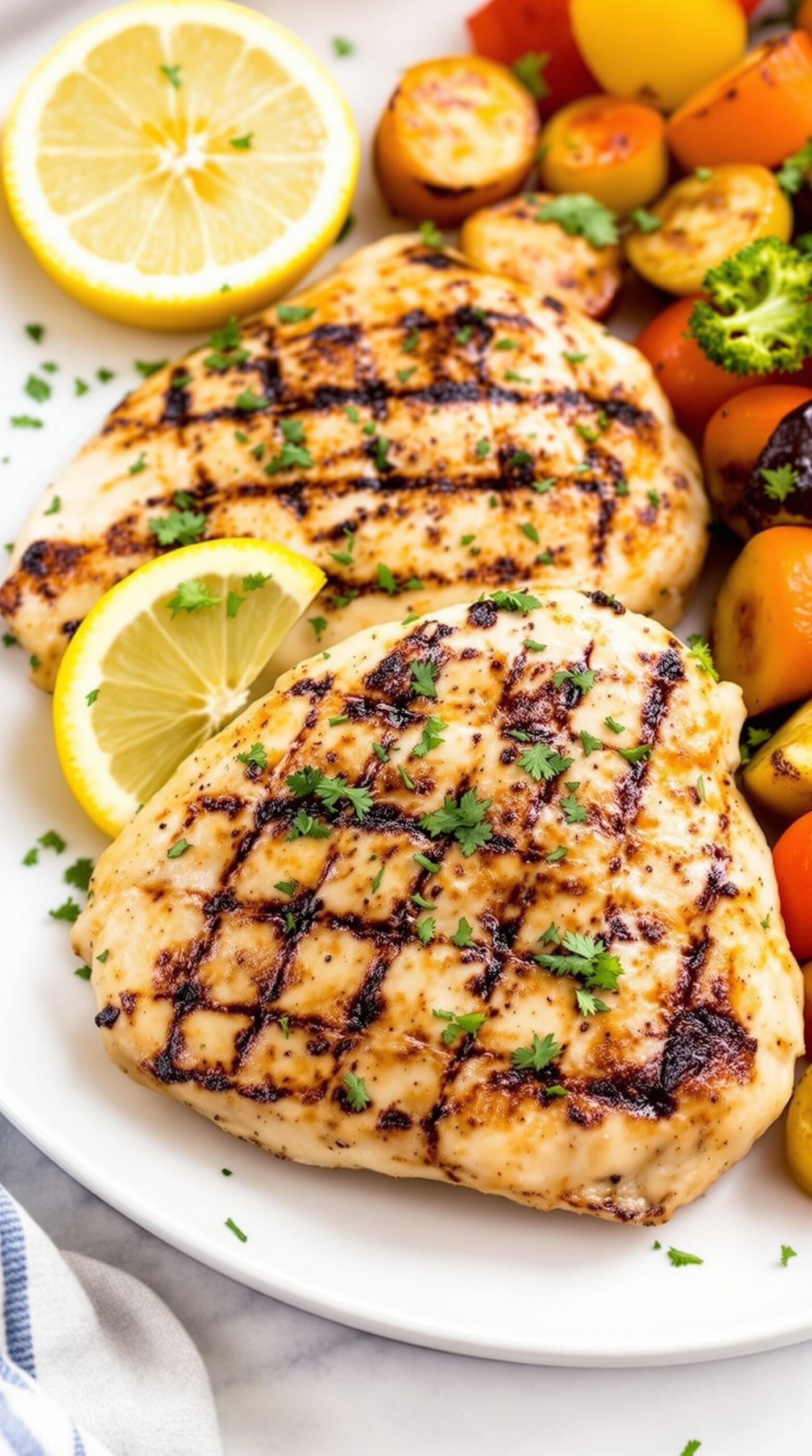 Lemon herb grilled chicken served with fresh vegetables and lemon slices.