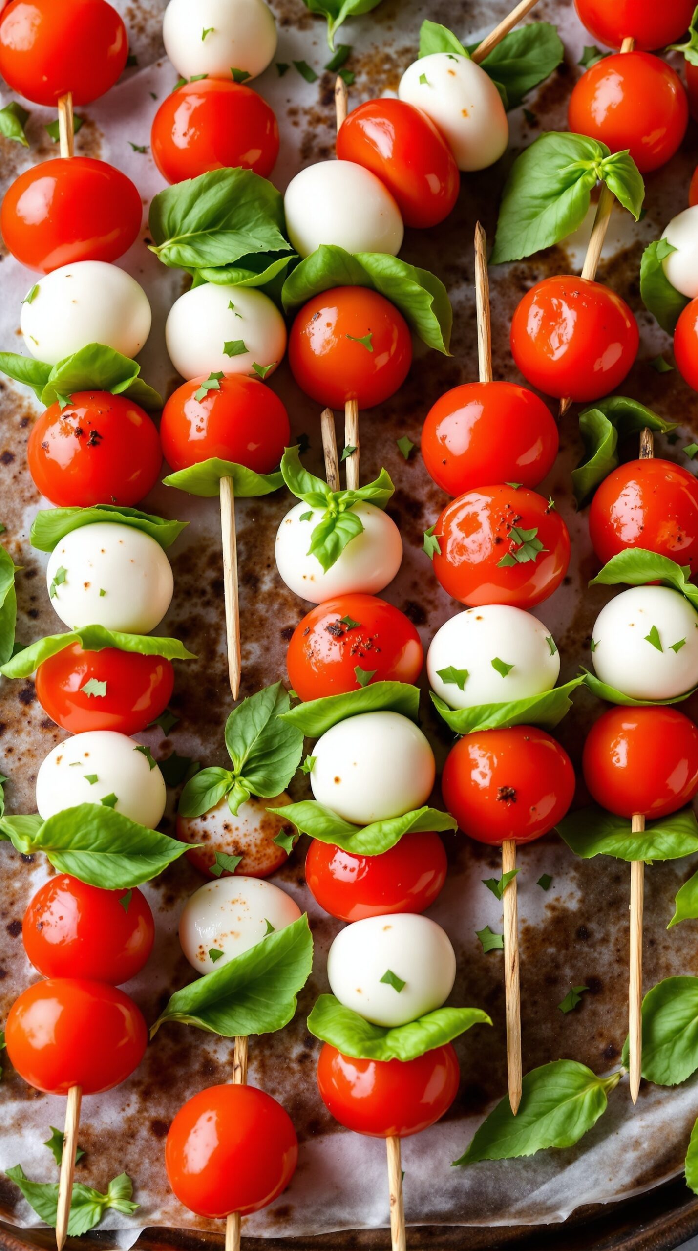 Mini Caprese Skewers with cherry tomatoes, mozzarella balls, and fresh basil on skewers
