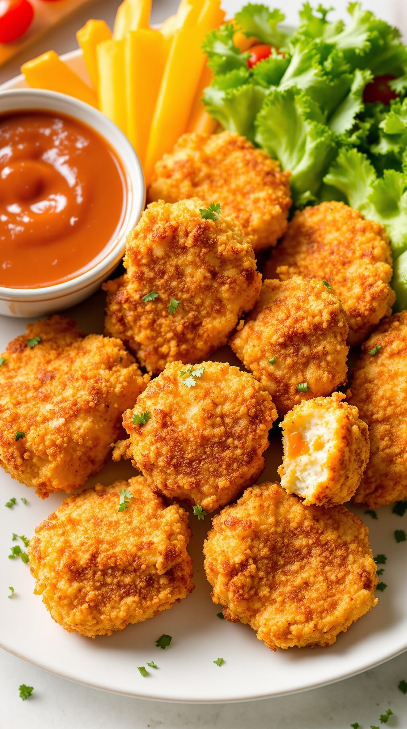 A plate of homemade chicken nuggets served with dipping sauce and fresh vegetables.