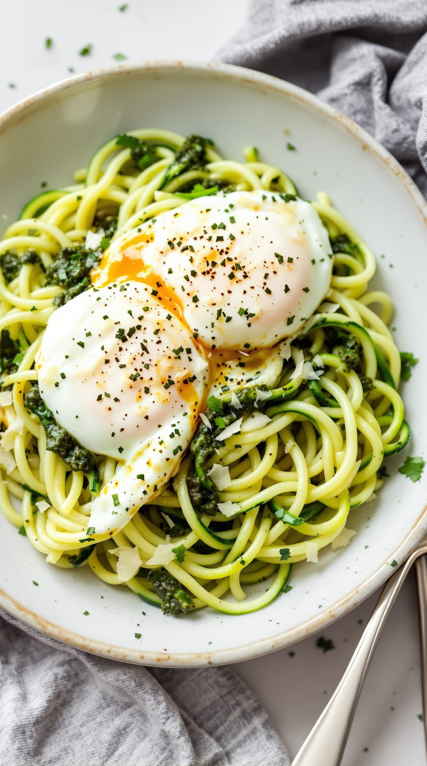 A serving of zucchini noodles topped with pesto and two poached eggs, garnished with herbs.