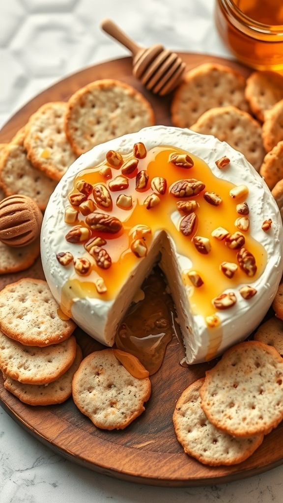 A round baked brie cheese topped with honey and nuts, surrounded by crackers.