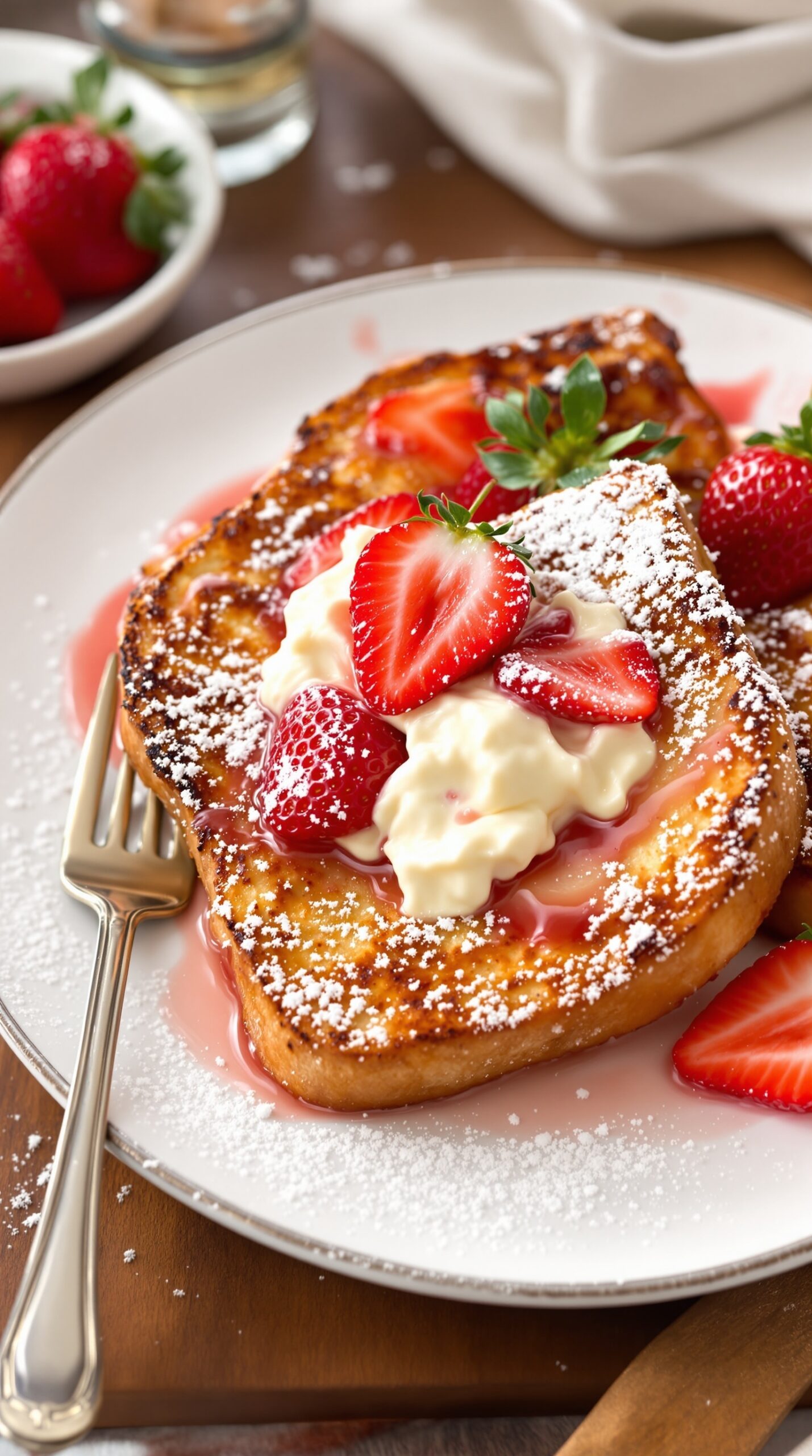 Baked Strawberry Cream Cheese French Toast with fresh strawberries and powdered sugar on top