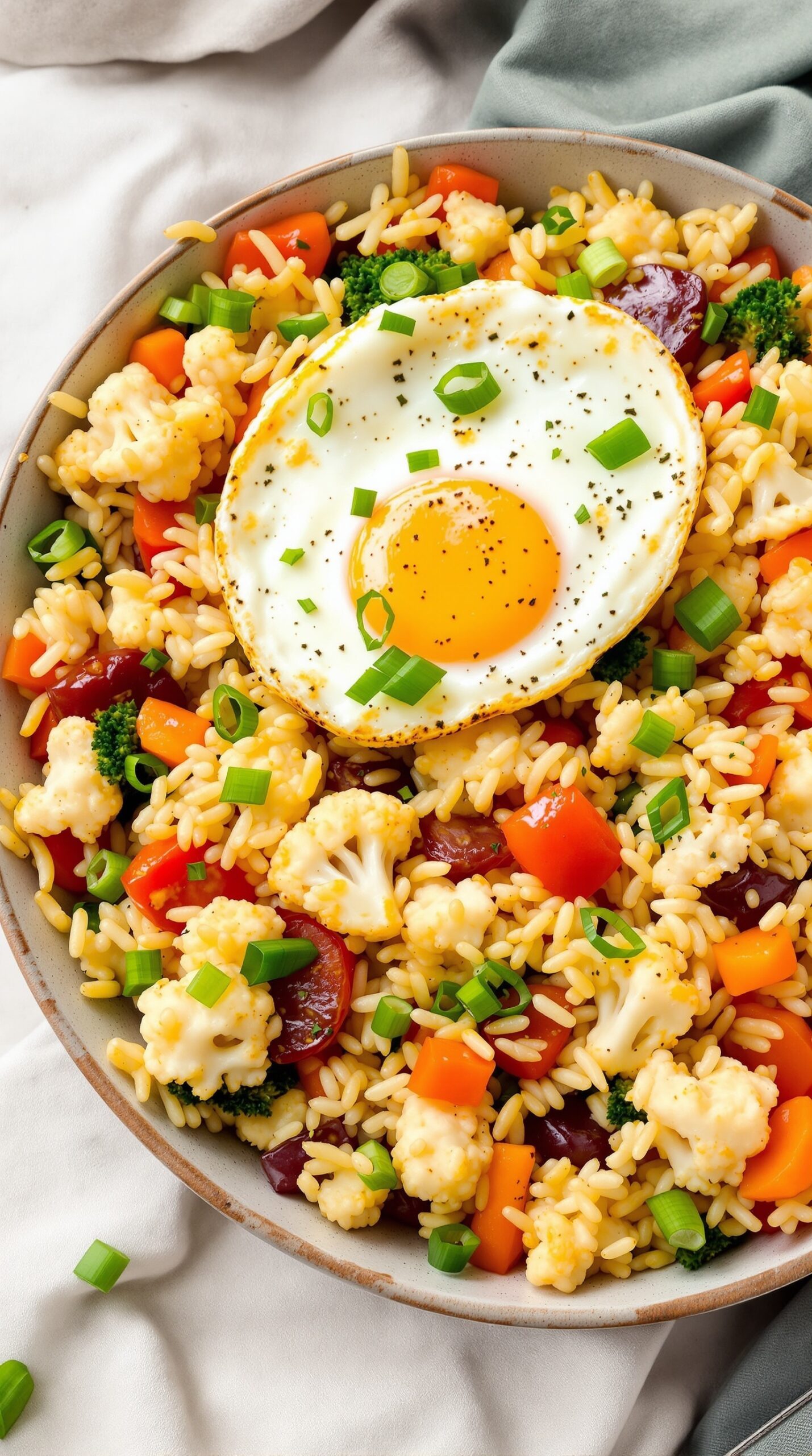 A colorful bowl of cauliflower fried rice topped with a fried egg and garnished with green onions.