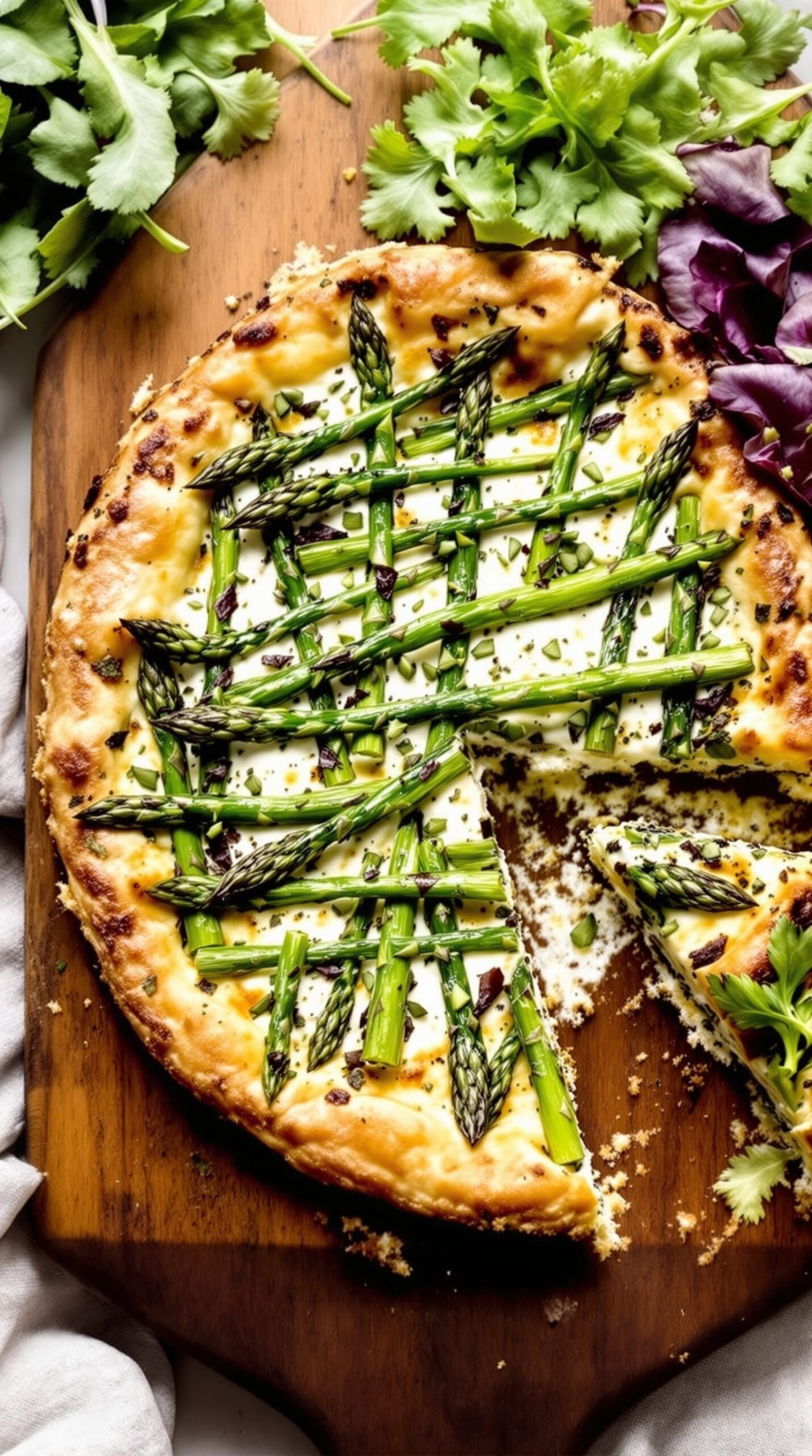 A beautifully presented herbed goat cheese and asparagus tart on a wooden board, garnished with fresh herbs.