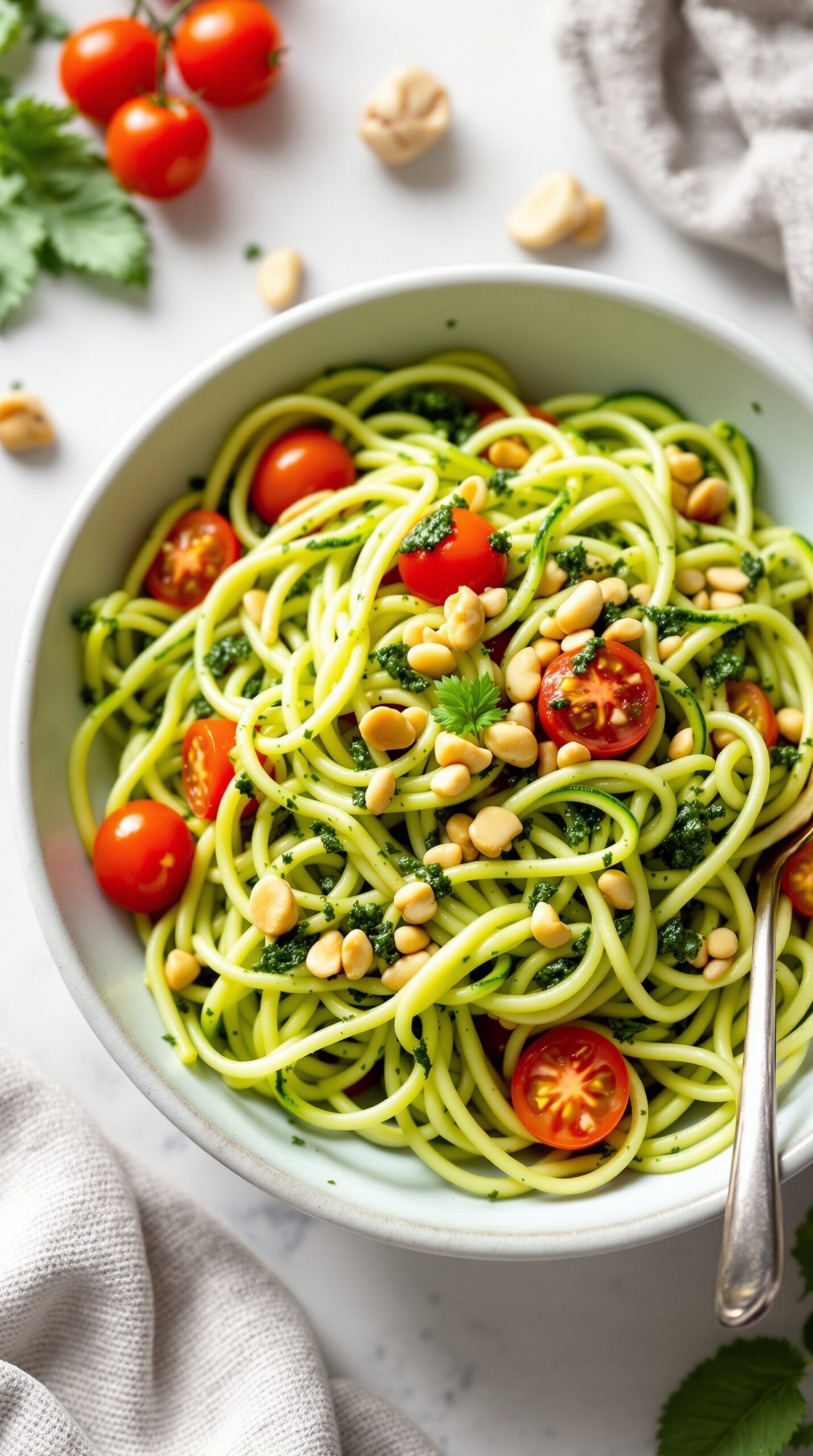 A bowl of zucchini noodles with pesto, cherry tomatoes, and pine nuts.