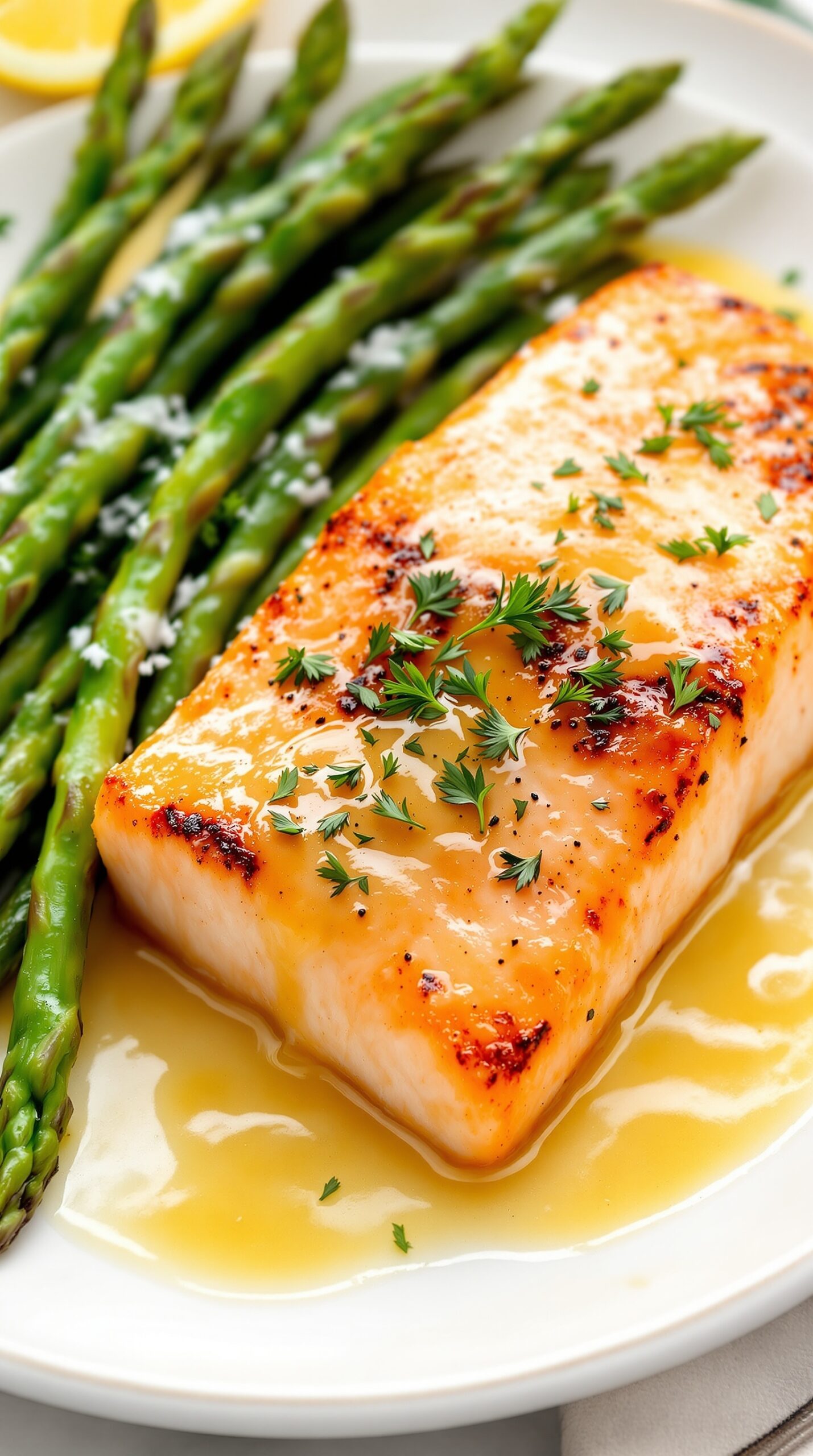 Baked salmon fillet with asparagus on a plate, garnished with herbs