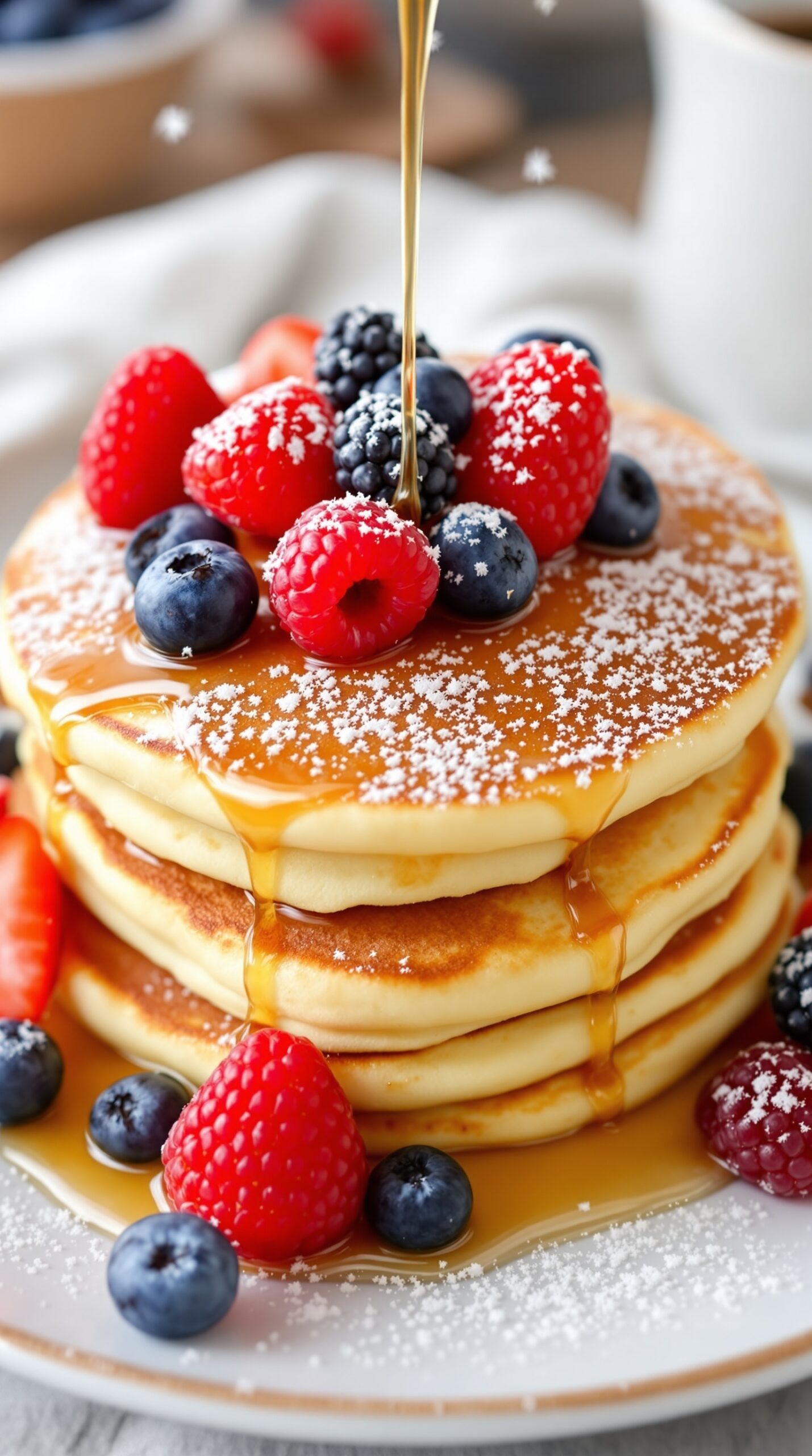 A stack of fluffy coconut flour pancakes topped with fresh berries and syrup