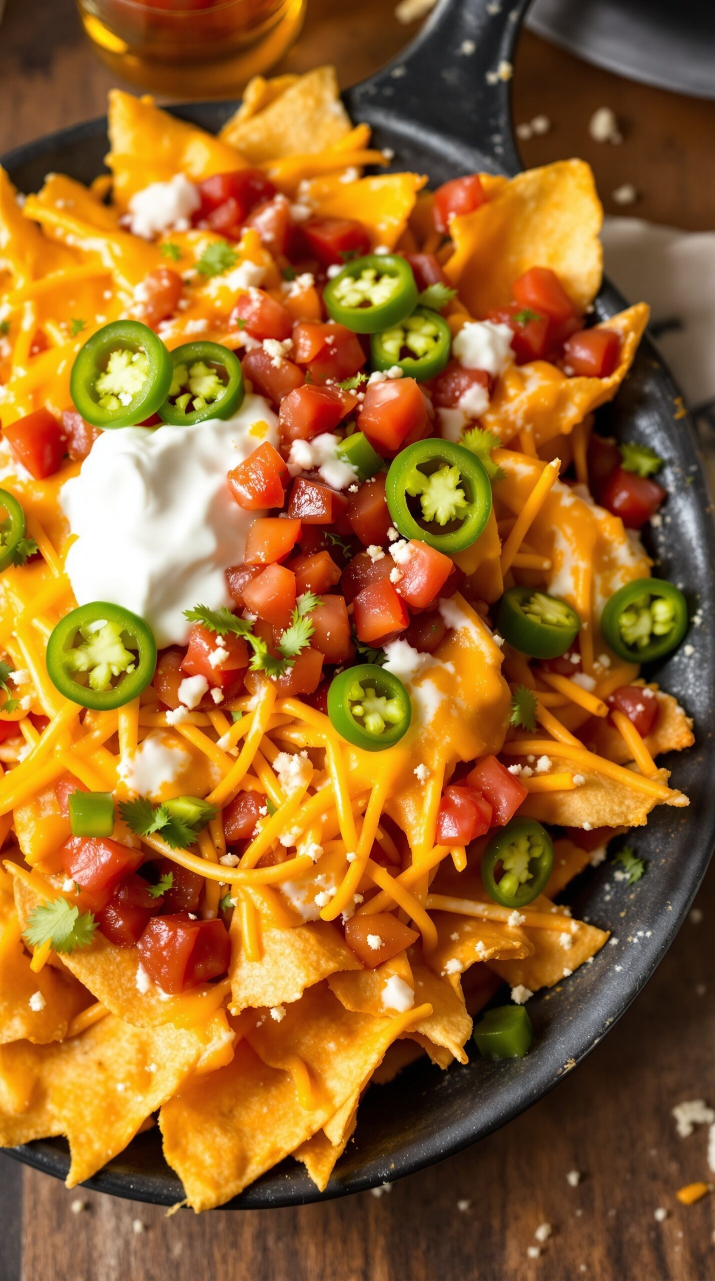 A close-up of loaded nachos topped with cheese, tomatoes, jalapeños, and sour cream.
