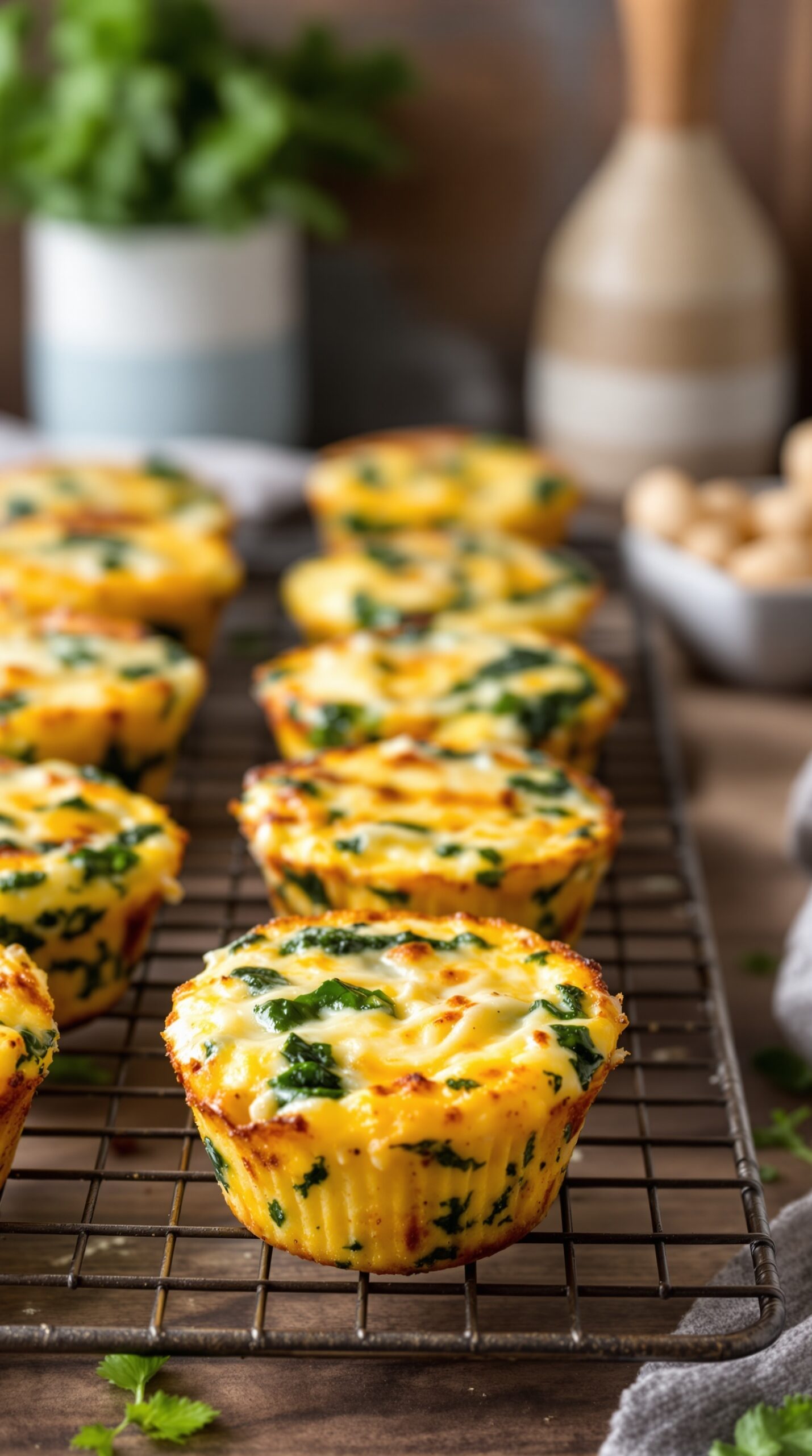 A plate of golden-brown egg muffins filled with spinach.