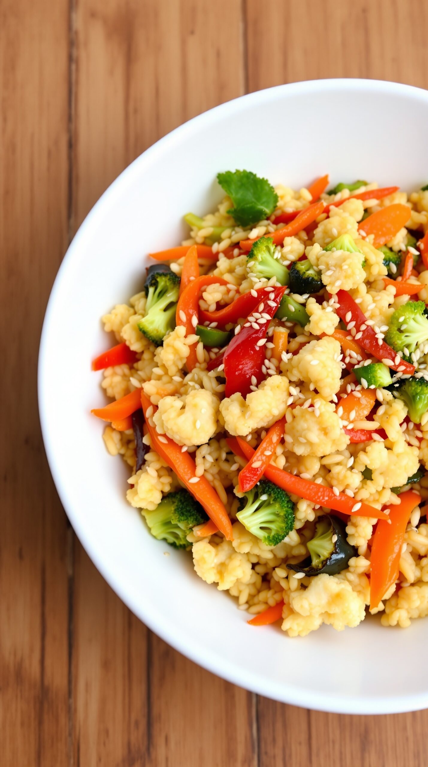 A vibrant bowl of cauliflower rice stir-fry with broccoli, bell peppers, and sesame seeds.