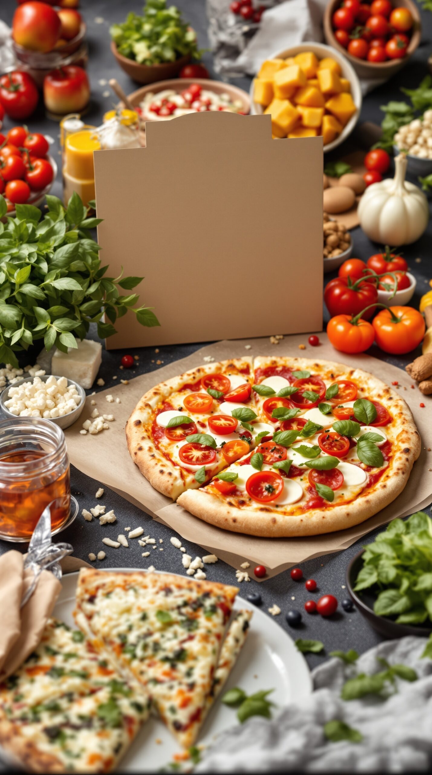 A spread of fresh pizza ingredients on a table, showcasing a delicious homemade pizza topped with tomatoes and basil.