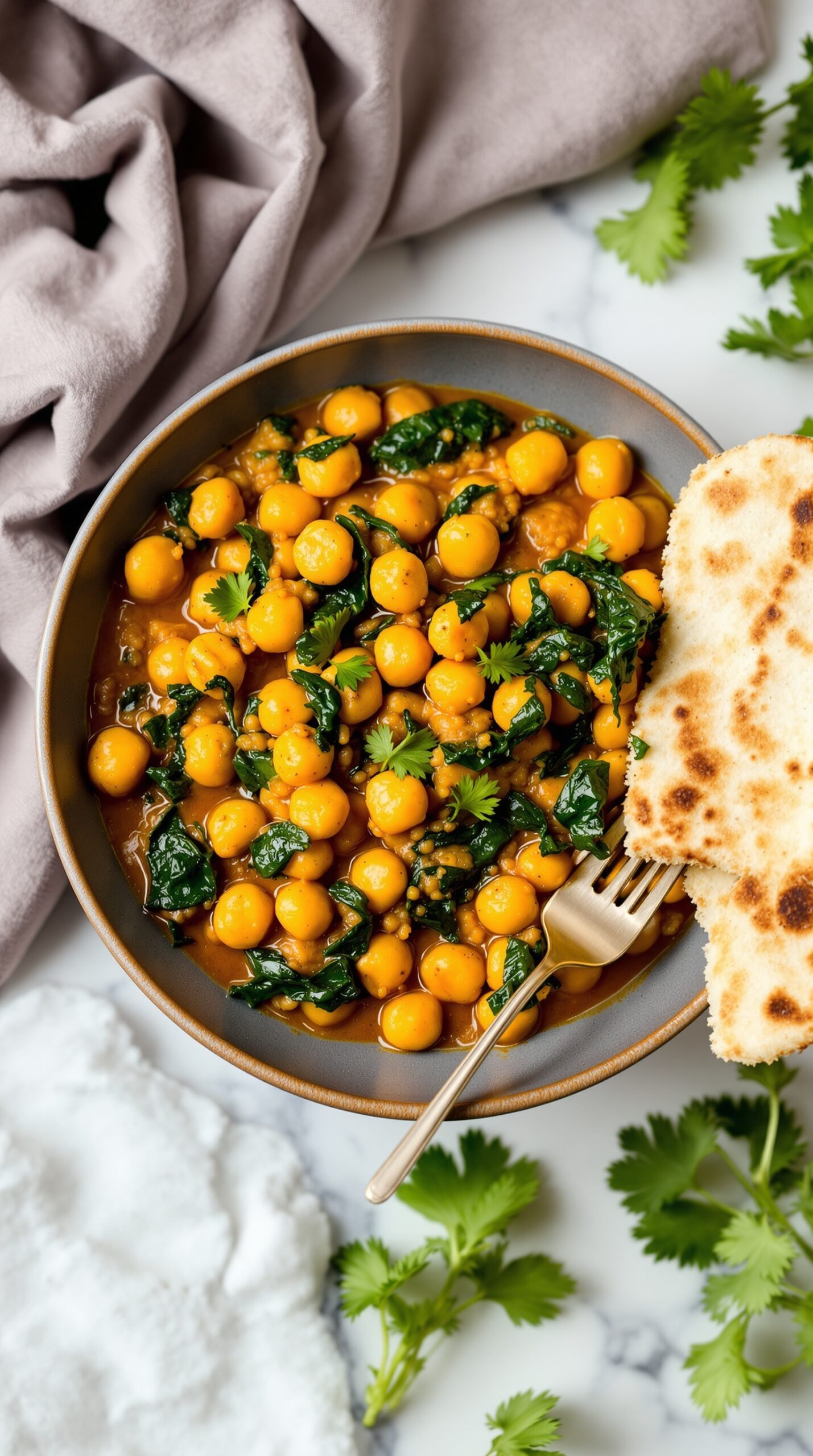 A bowl of chickpea curry with spinach, served with flatbread and garnished with cilantro.