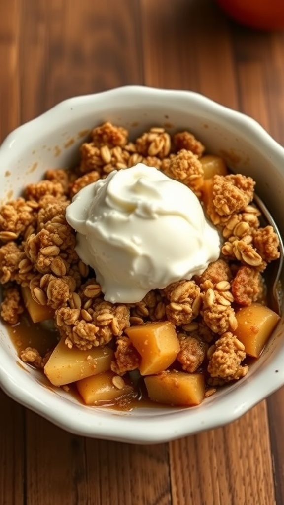 A bowl of apple crisp topped with oat mixture and a scoop of vanilla ice cream.