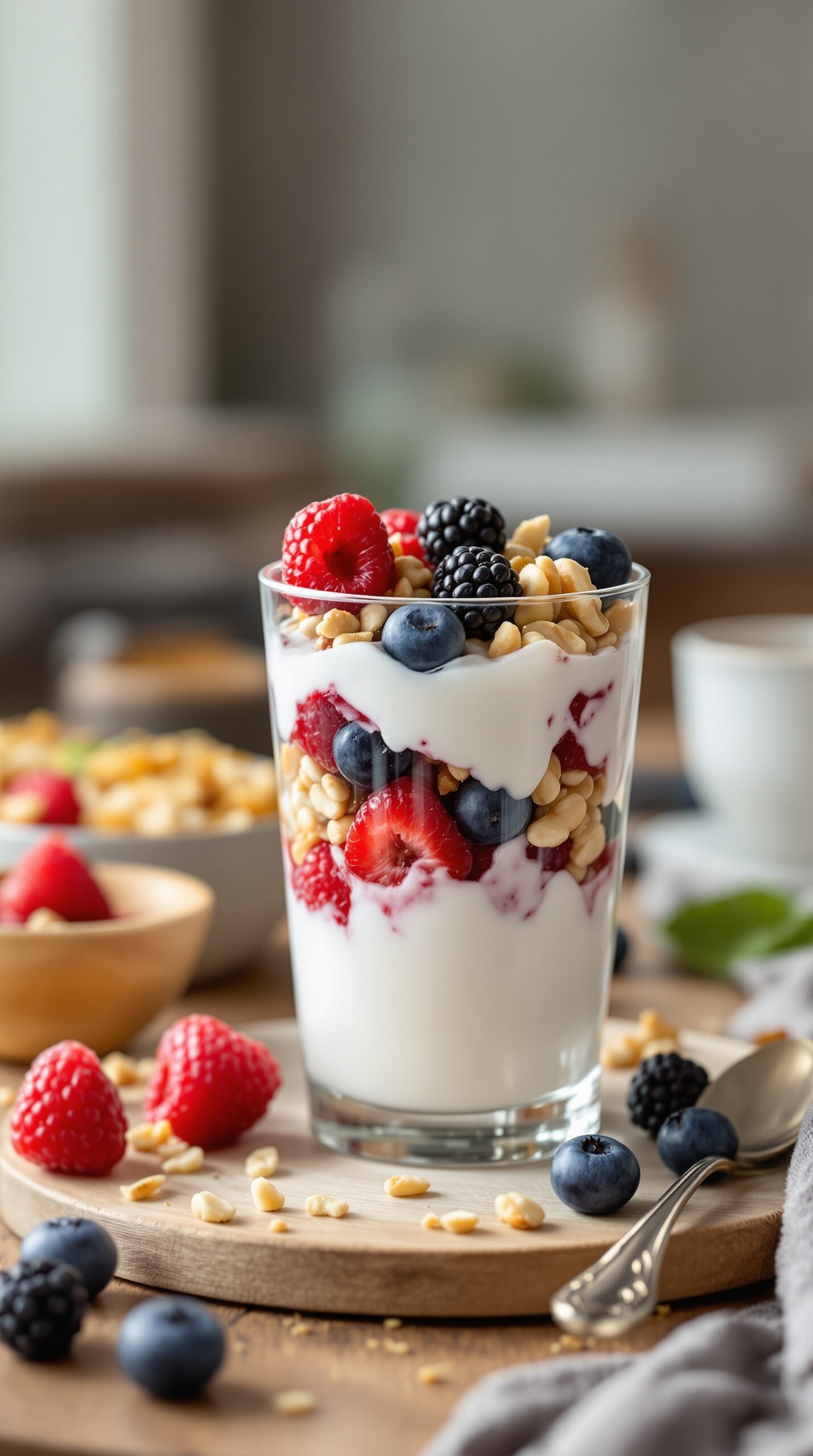 A delicious Greek yogurt parfait layered with mixed berries and nuts, served in a glass.