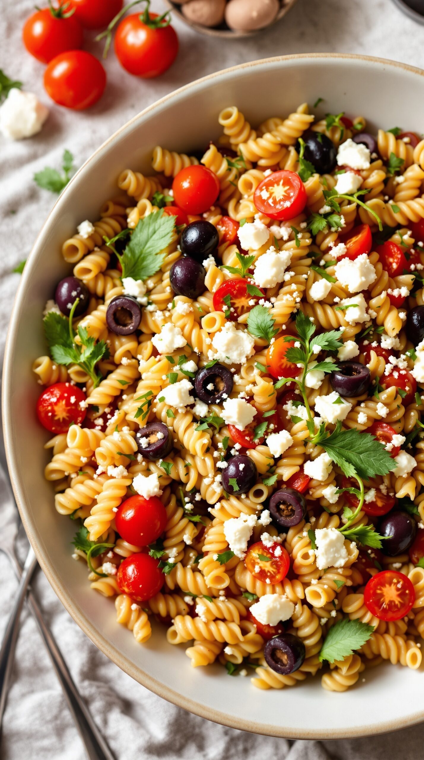 A vibrant bowl of whole grain pasta salad with cherry tomatoes, black olives, cilantro, and feta cheese.