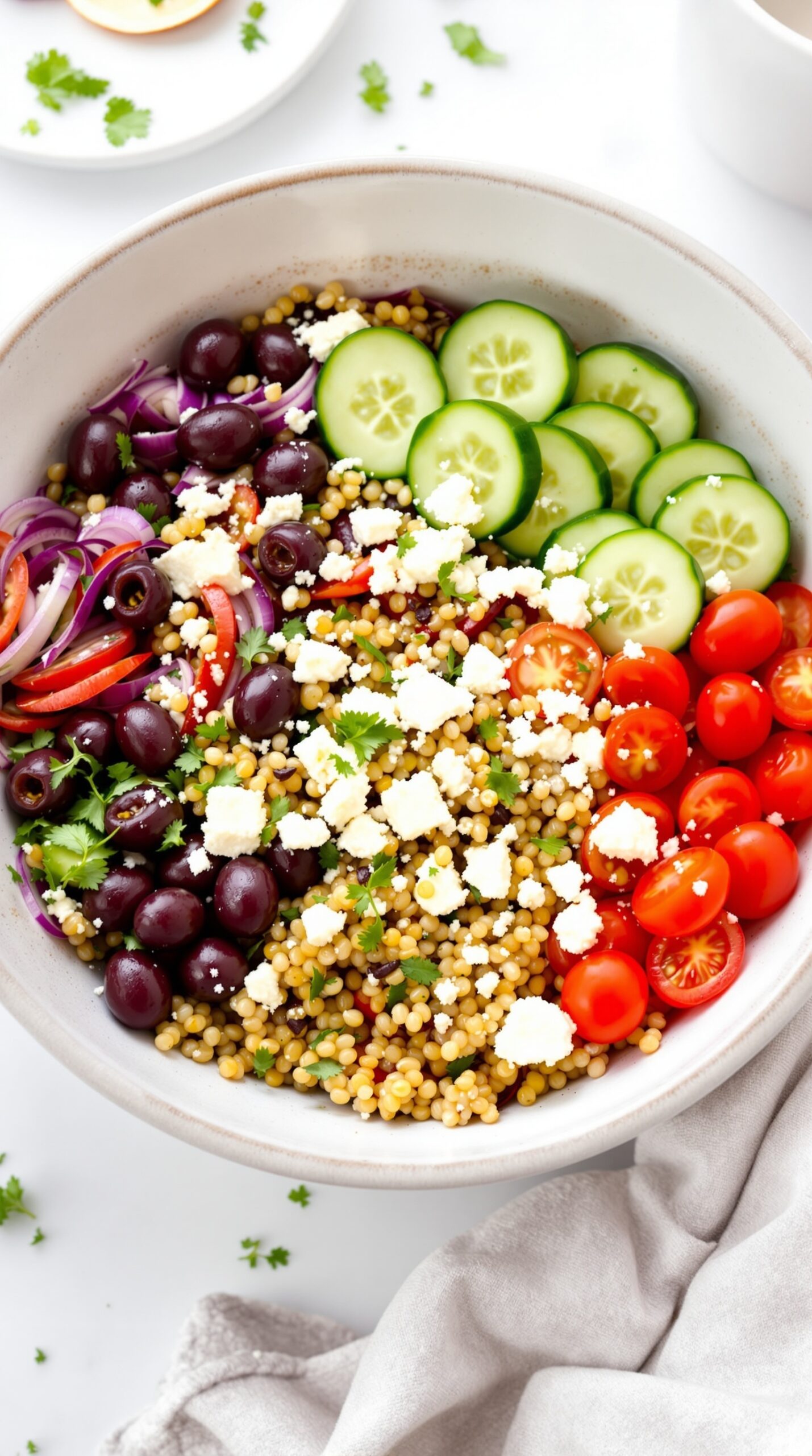 A vibrant Mediterranean quinoa bowl featuring quinoa, fresh vegetables, and feta cheese.