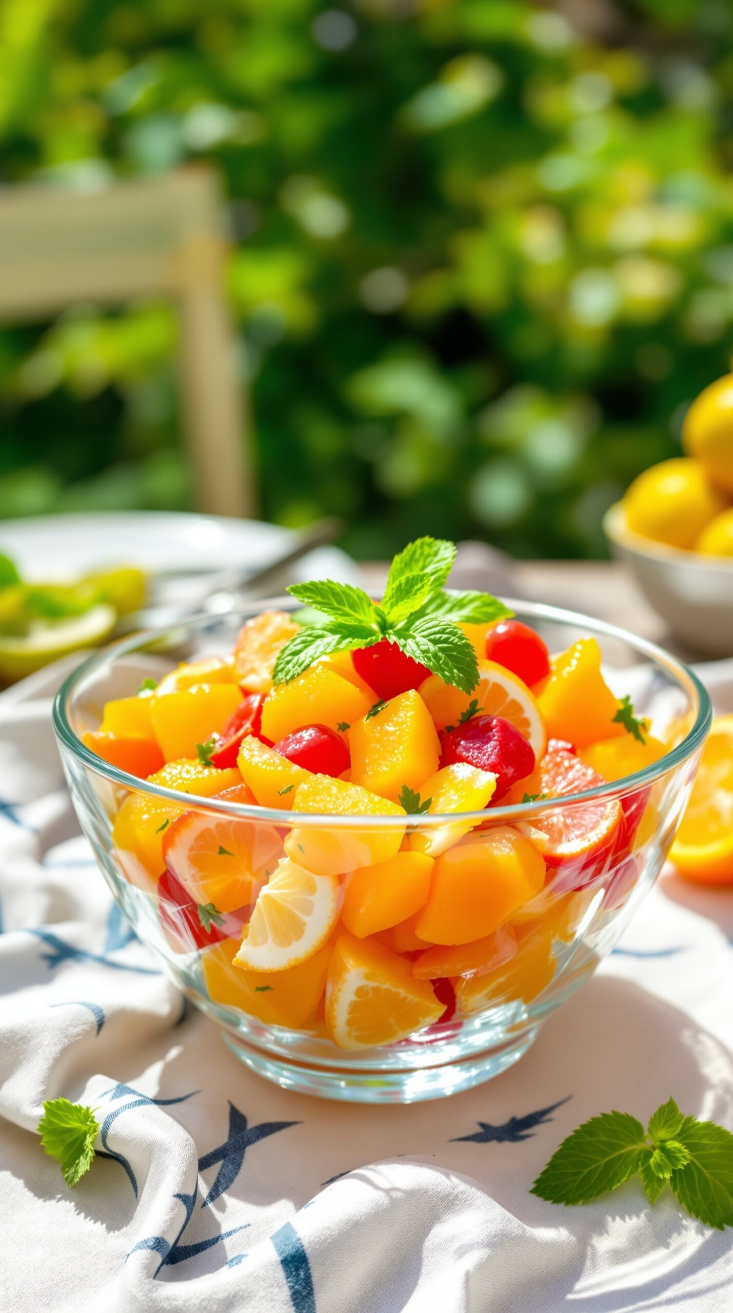A bowl of colorful citrus fruit salad with mint leaves on top, showcasing vibrant oranges, grapefruits, and raspberries.
