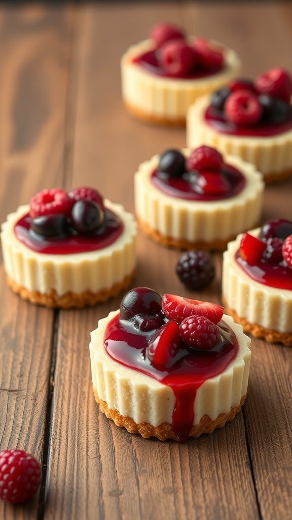 Mini cheesecakes topped with assorted berries on a wooden surface