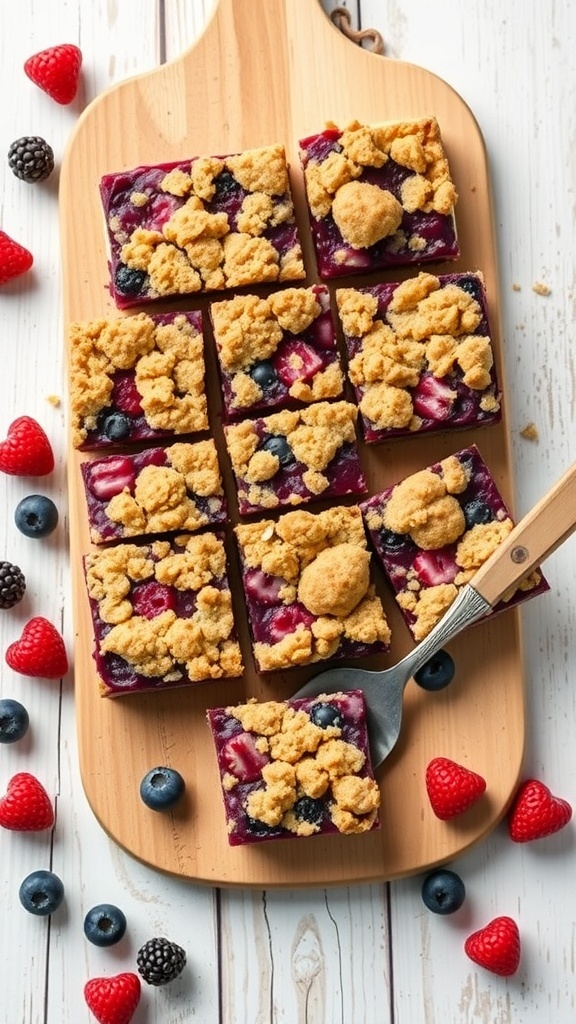 Delicious berry crumble bars on a wooden board, surrounded by fresh berries.