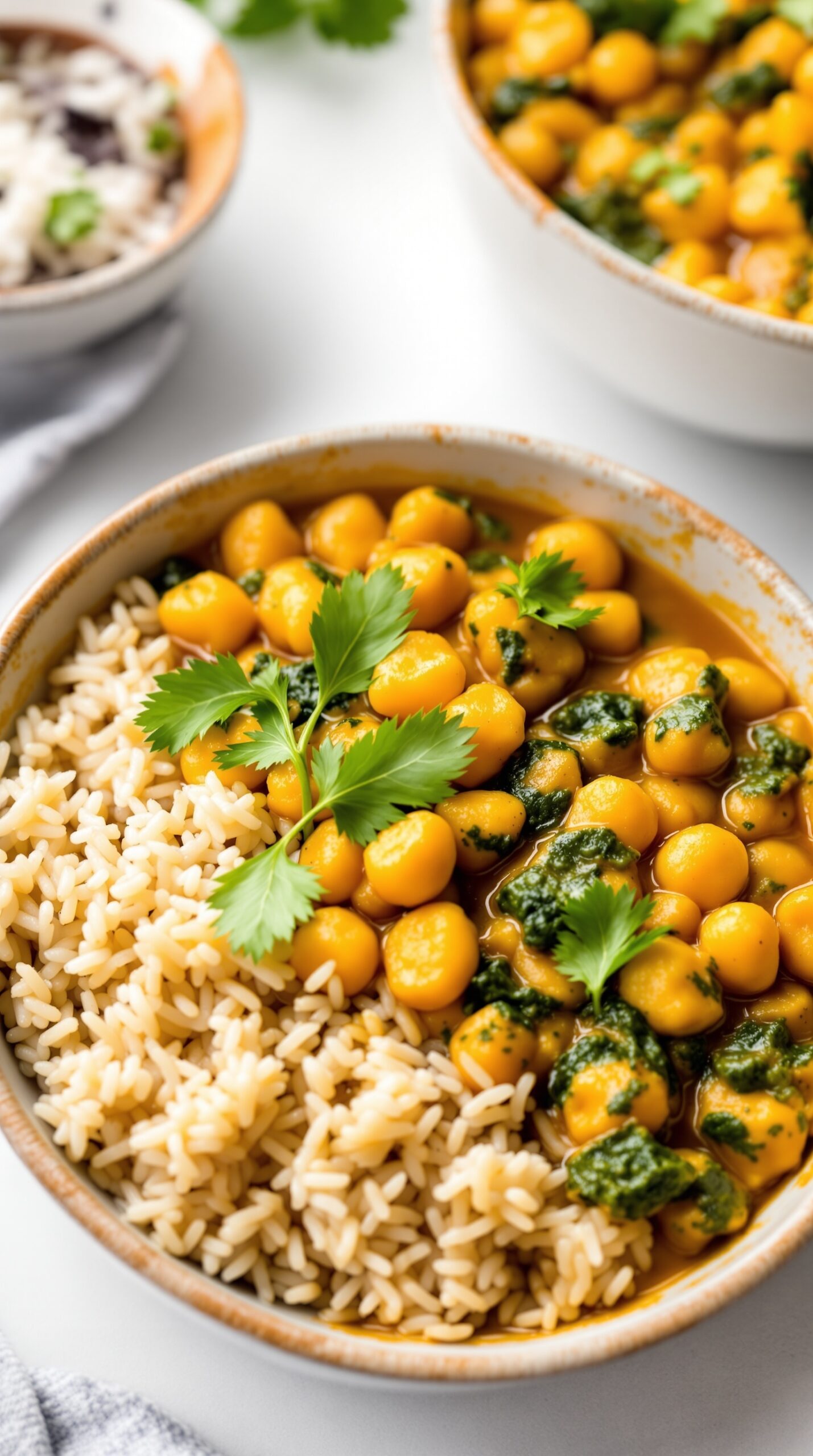 A bowl of chickpea and spinach curry served with rice and garnished with fresh coriander.