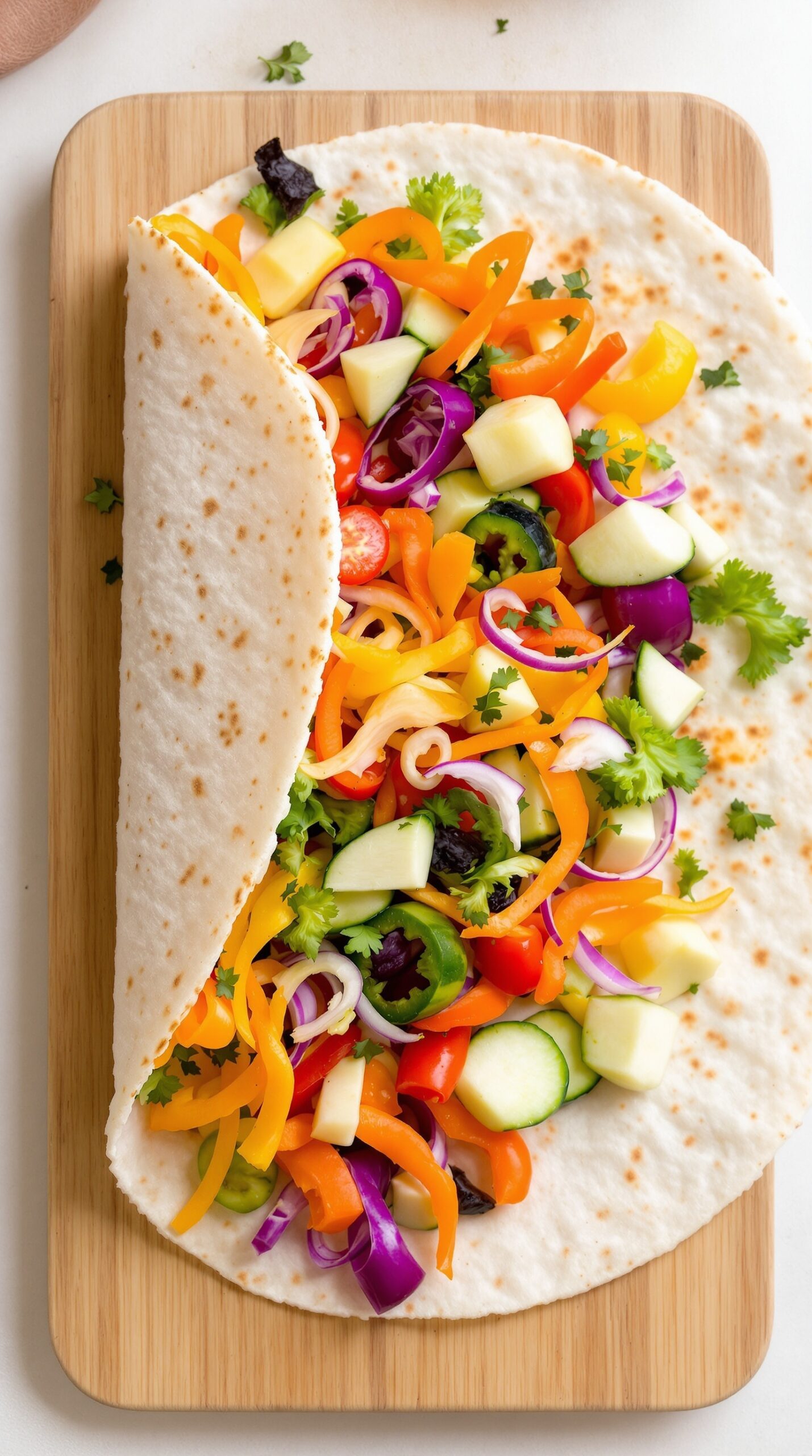 A tortilla filled with colorful vegetables on a wooden board.