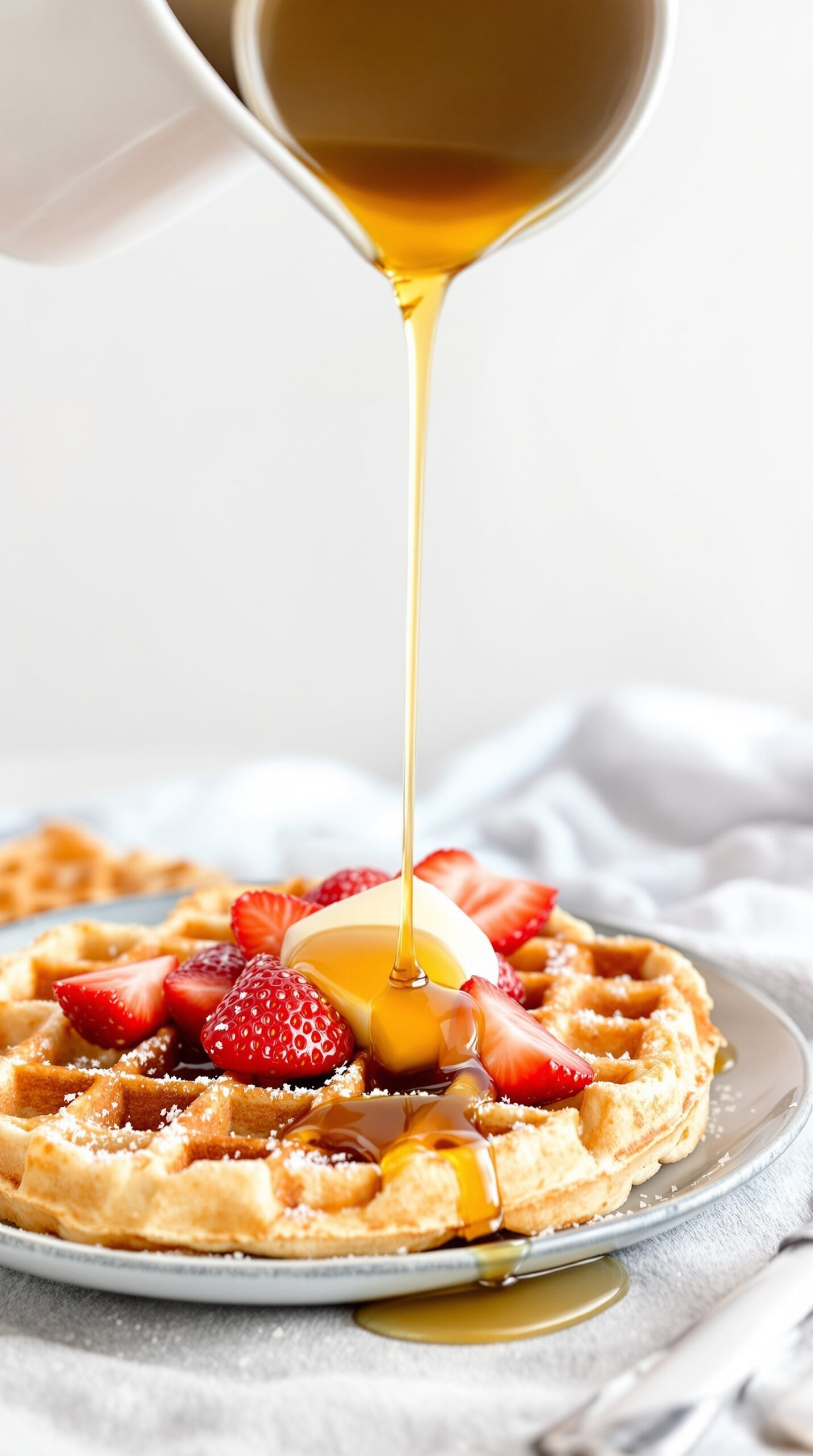 A plate of almond flour waffles topped with fresh strawberries and syrup being poured over