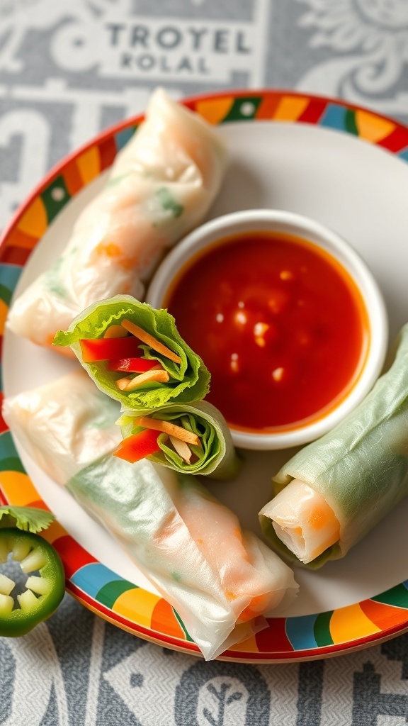 Plate of vegetable spring rolls with a side of dipping sauce