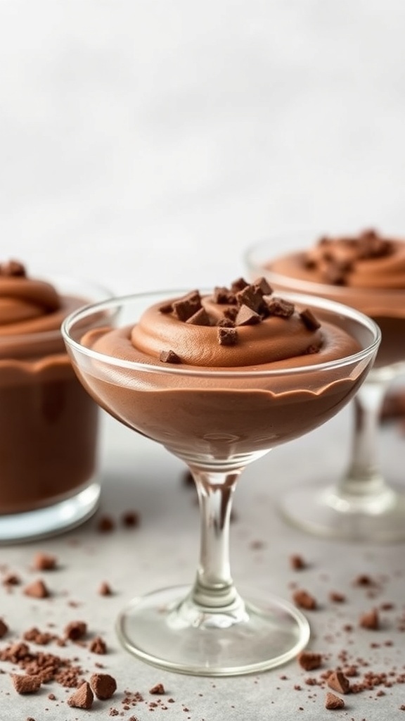 A trio of no-bake chocolate mousse cups topped with chocolate shavings.