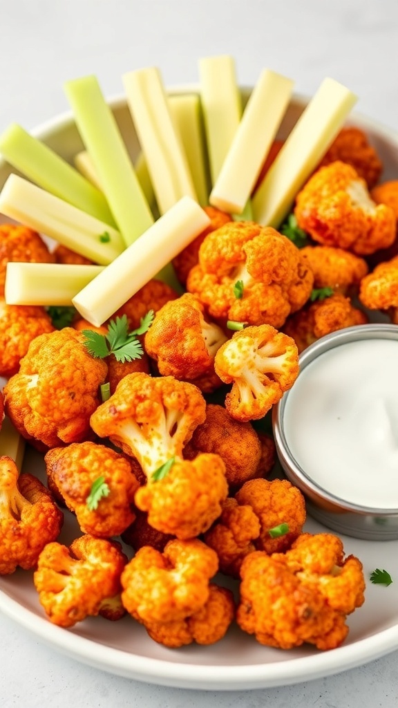 Plate of spicy buffalo cauliflower bites with celery and ranch dressing
