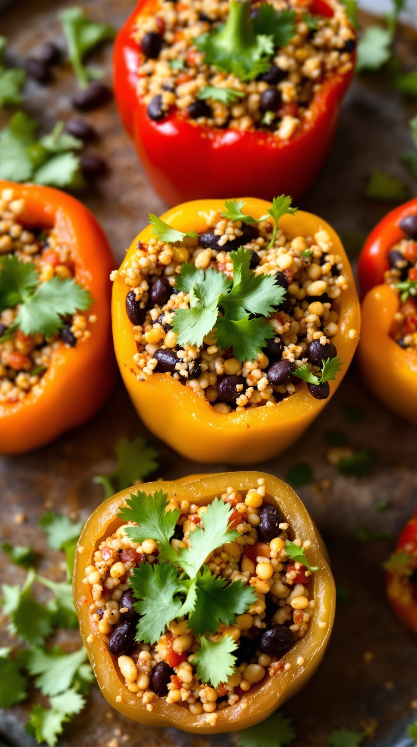 Quinoa and black bean stuffed peppers, garnished with cilantro, showcasing colorful peppers filled with a hearty mixture.