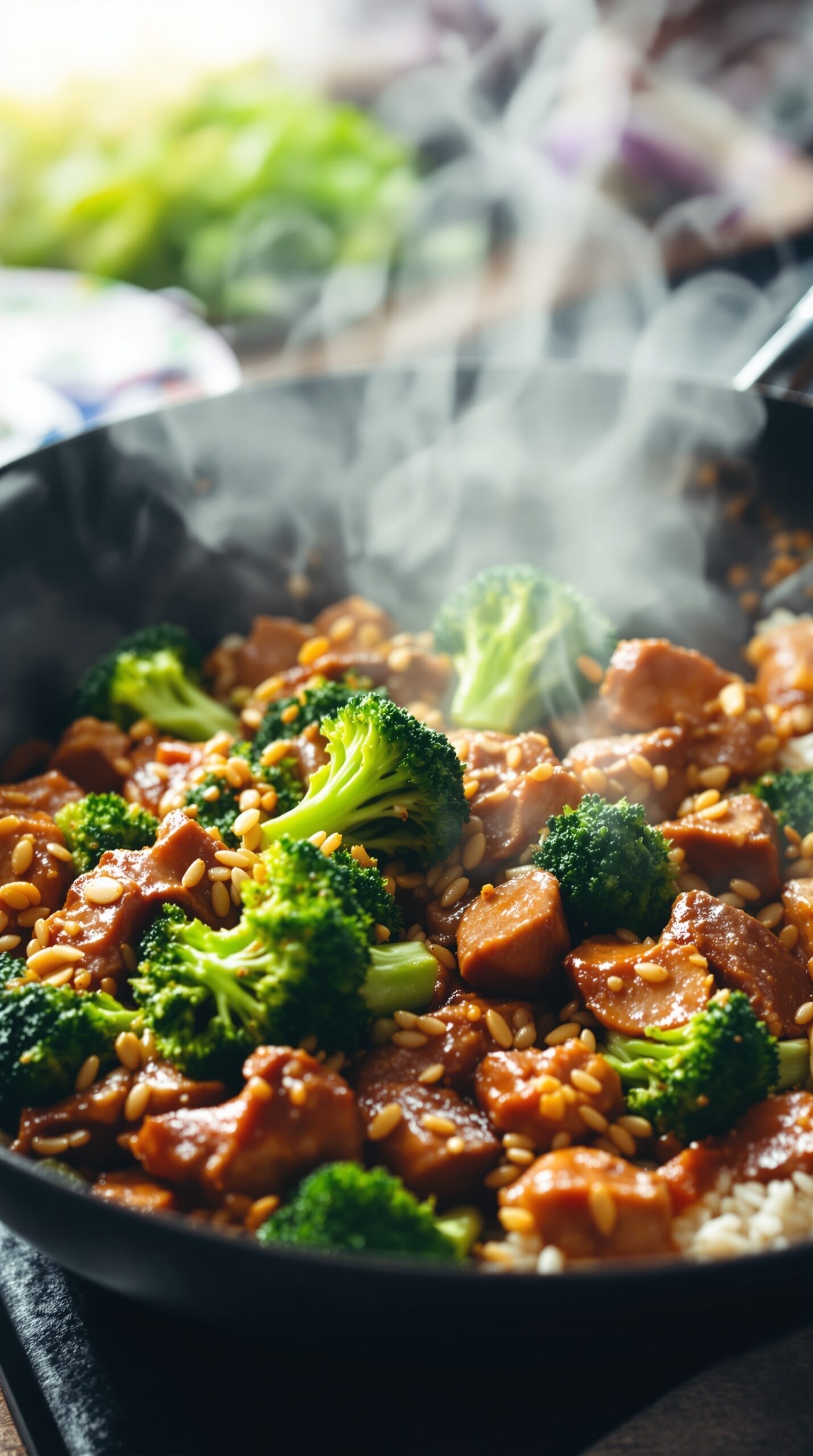 A steaming beef and broccoli stir-fry in a pan, showcasing vibrant green broccoli, tender beef pieces, and a rich sauce.