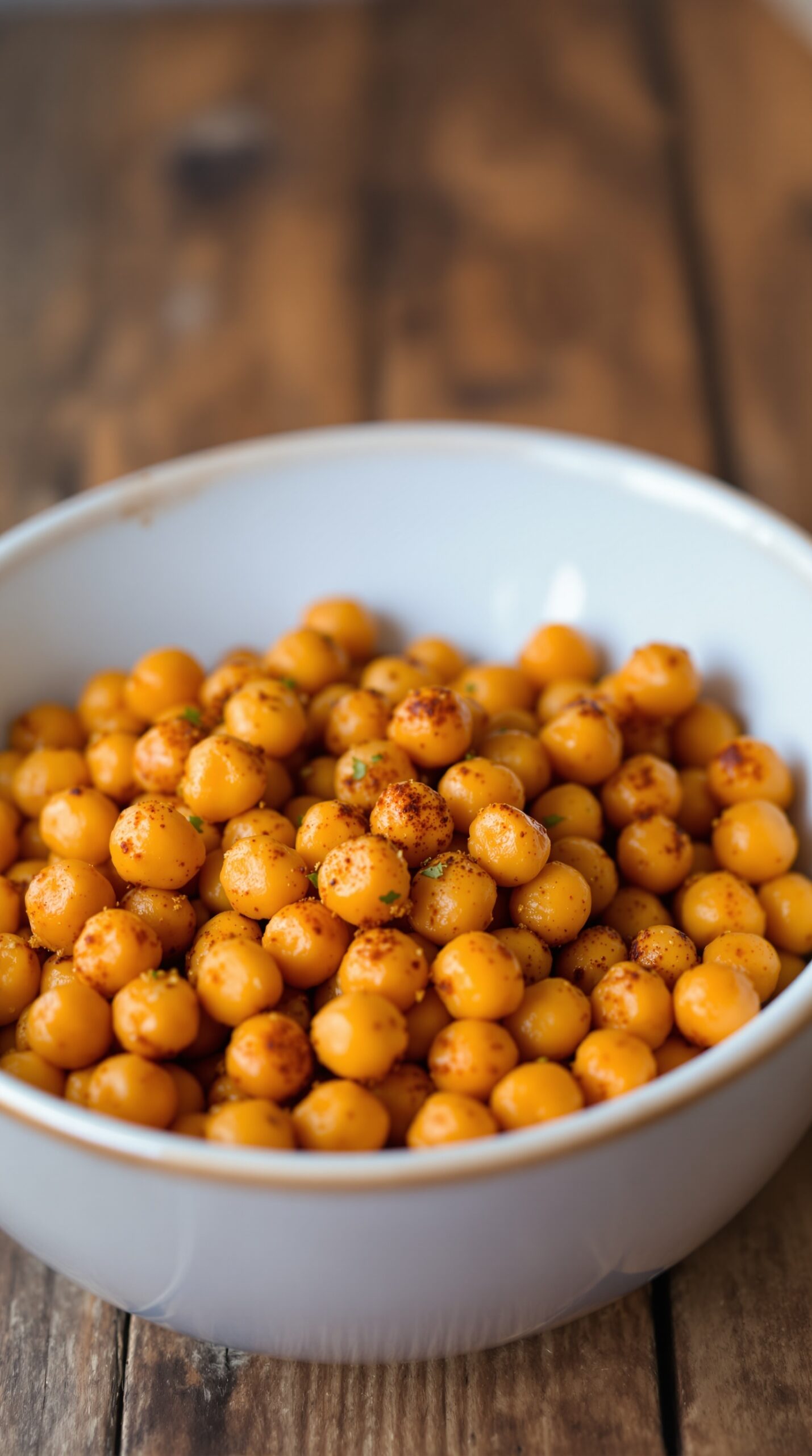 A bowl of spicy roasted chickpeas on a wooden table