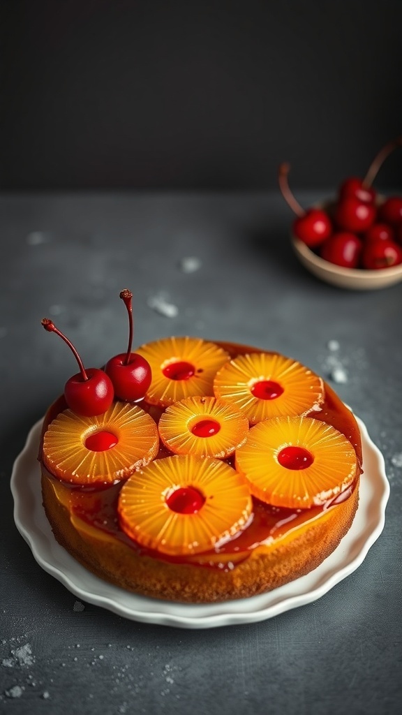 Pineapple upside-down cake with cherry toppings on a white plate.
