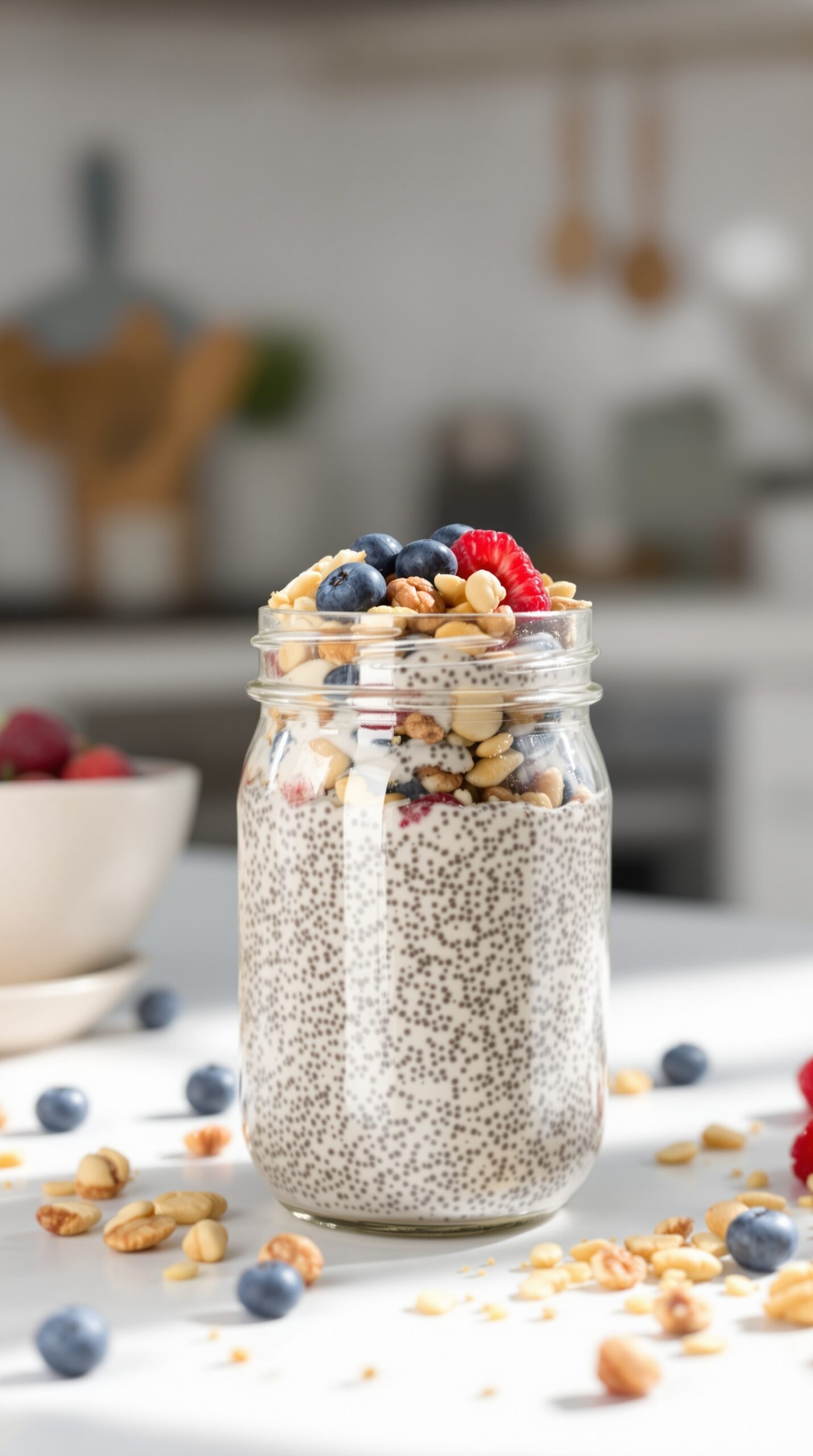 A jar of chia seed pudding topped with berries and nuts