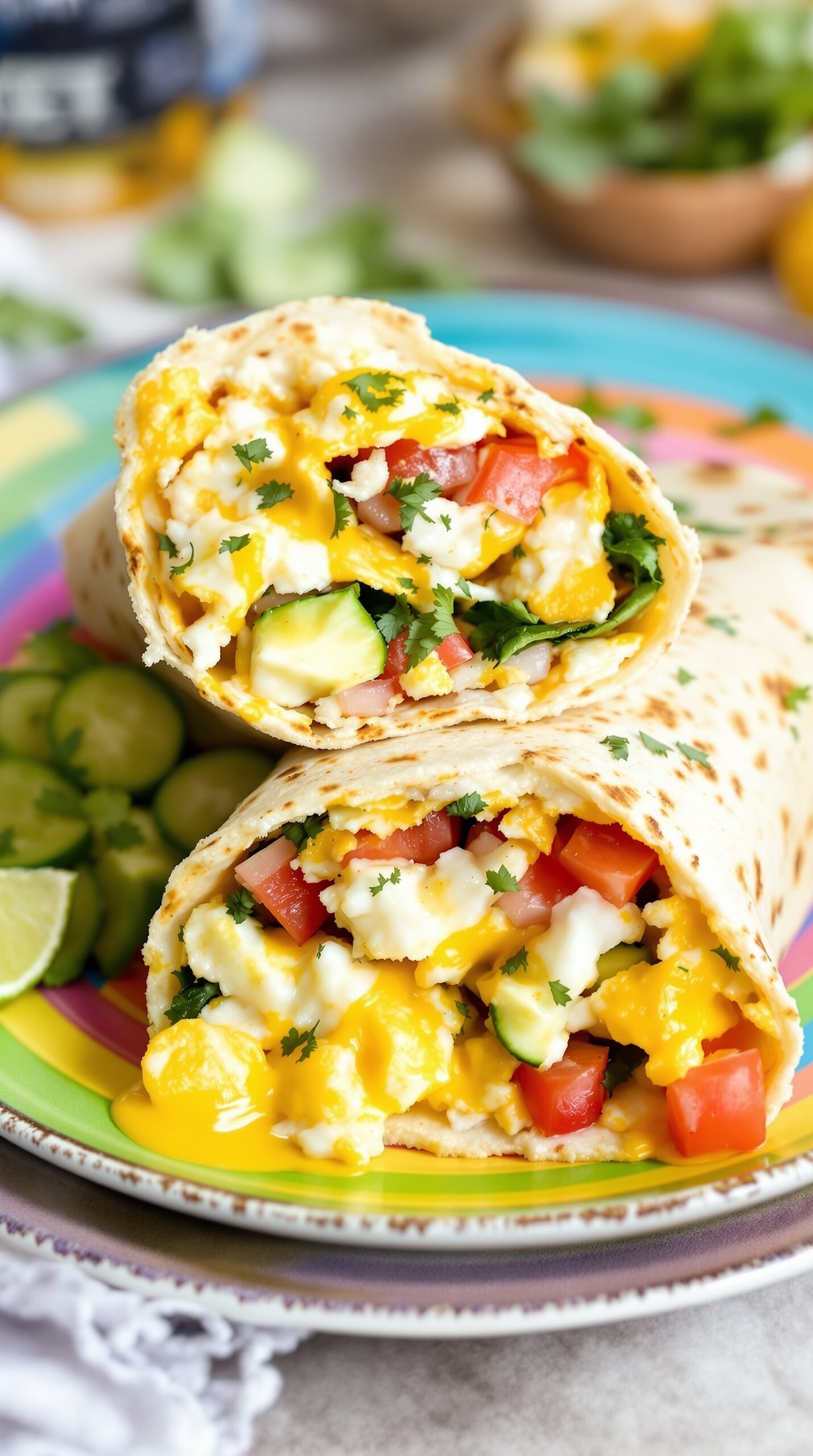 Keto breakfast burrito with cauliflower wrap filled with scrambled eggs, tomatoes, cheese, and cilantro